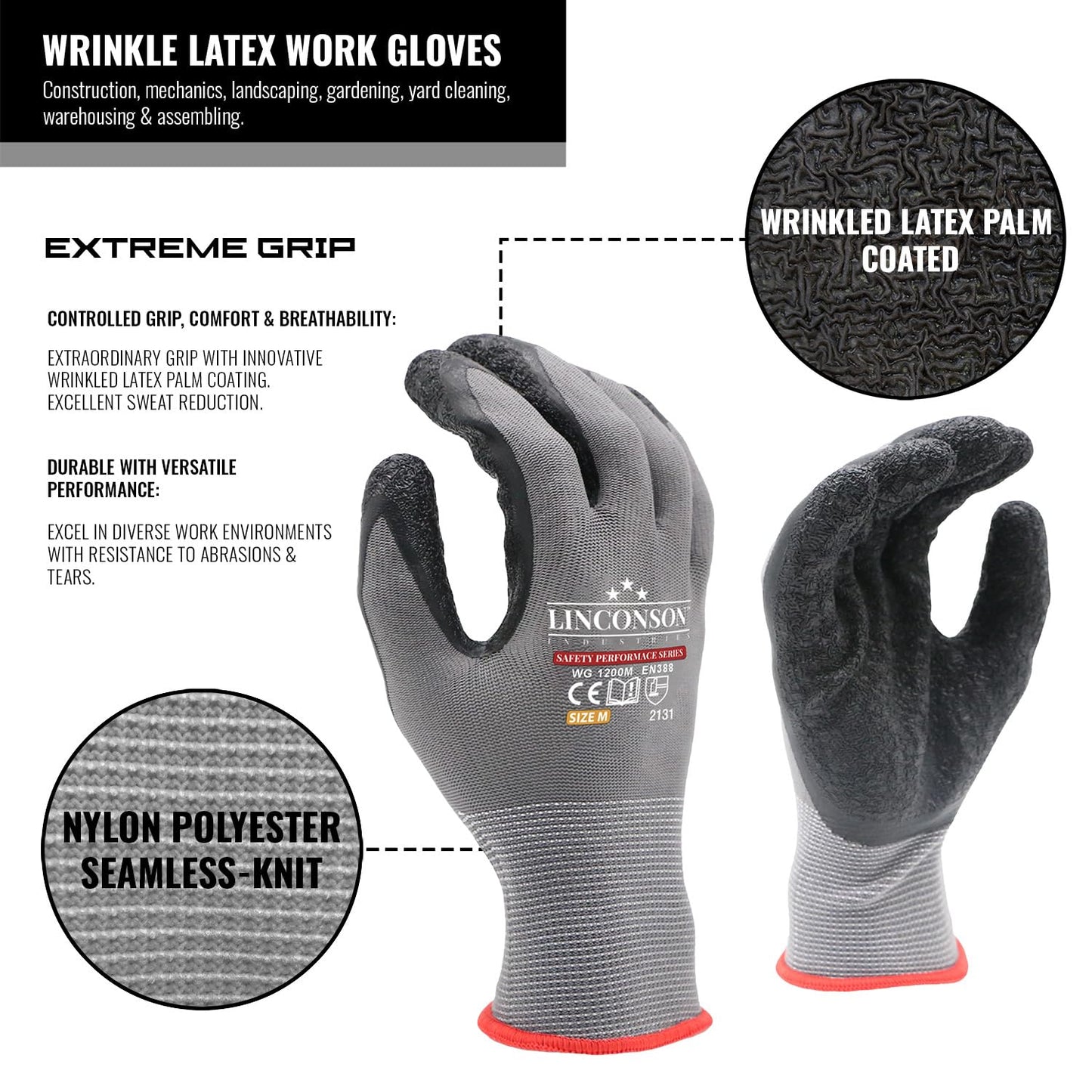 linconson 12 Pack Safety Performance Series Construction Mechanics Wrinkle Latex Work Gloves