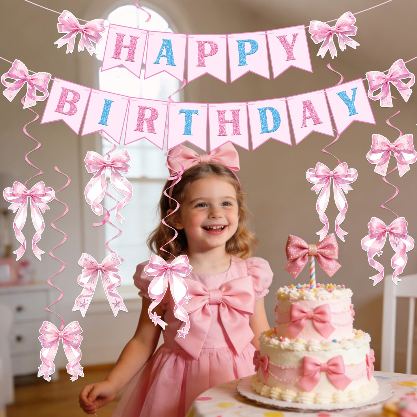 Pre-strung Pink Bow Happy Birthday Decorations - Happy Birthday Banner and Pink Bow Hanging Swirls Kit Decor for Girls Women Room Bachelorette Party