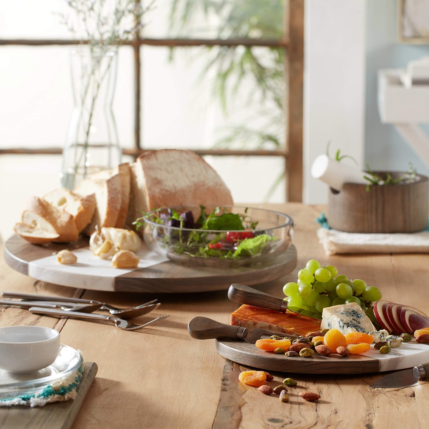 Prologue 99113 Handcrafted Marble Appetizer Board with 3 Wood-Handled Cheese Knives, Brown/White