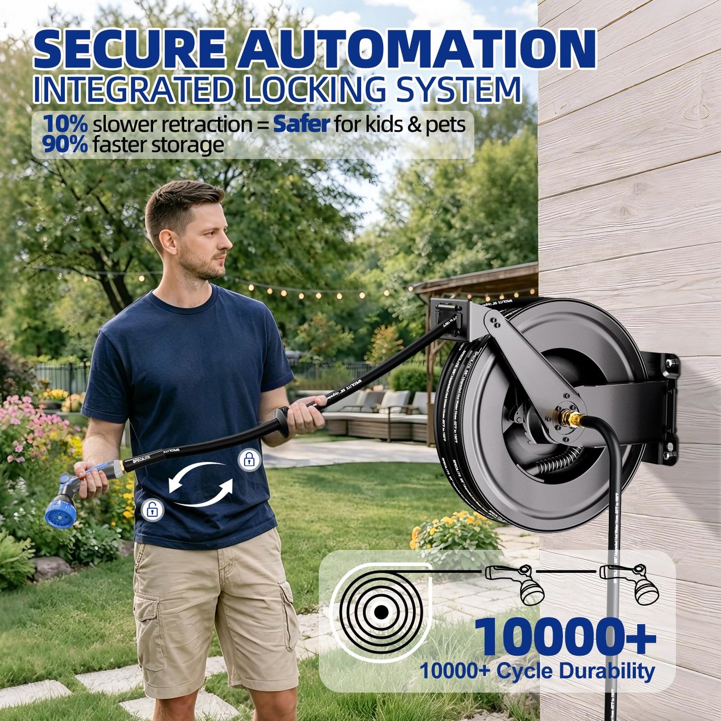SPECILITE Hot/Cold Retractable Garden Hose Reel 50ft x 5/8'', -50℉ - 190 ℉, Wall Mount Water Pipe Spool, Heavy Duty, with 6ft Leader Hose, 8 Function Nozzle, for Backyard, Outdoor, Farm, Boat, Black