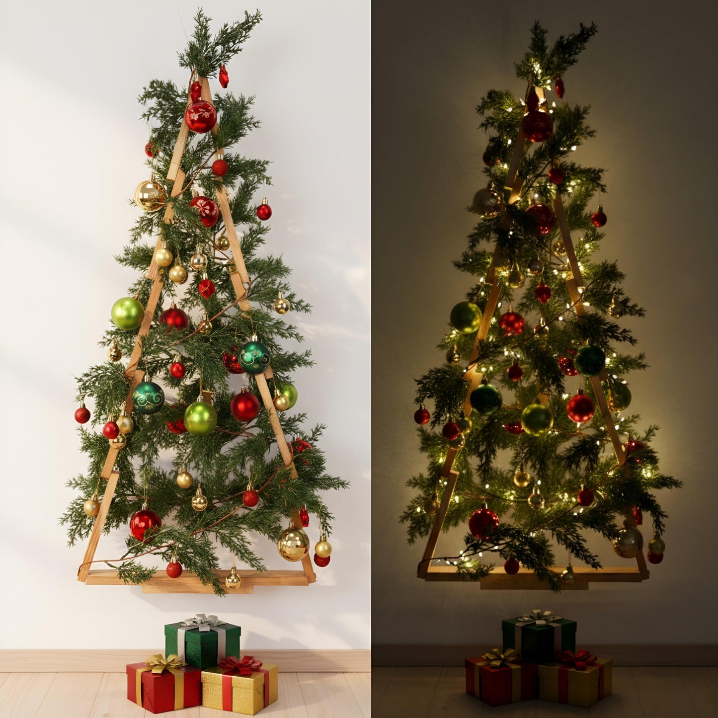 Glooglitter 47 Pcs 3 FT Wall Christmas Tree with Lights Large Christmas DIY Wall Decor Set Include Hanging Ball Ornaments LED String Lights Norfolk Pine Garland Artificial Xmas Tree Home Decor