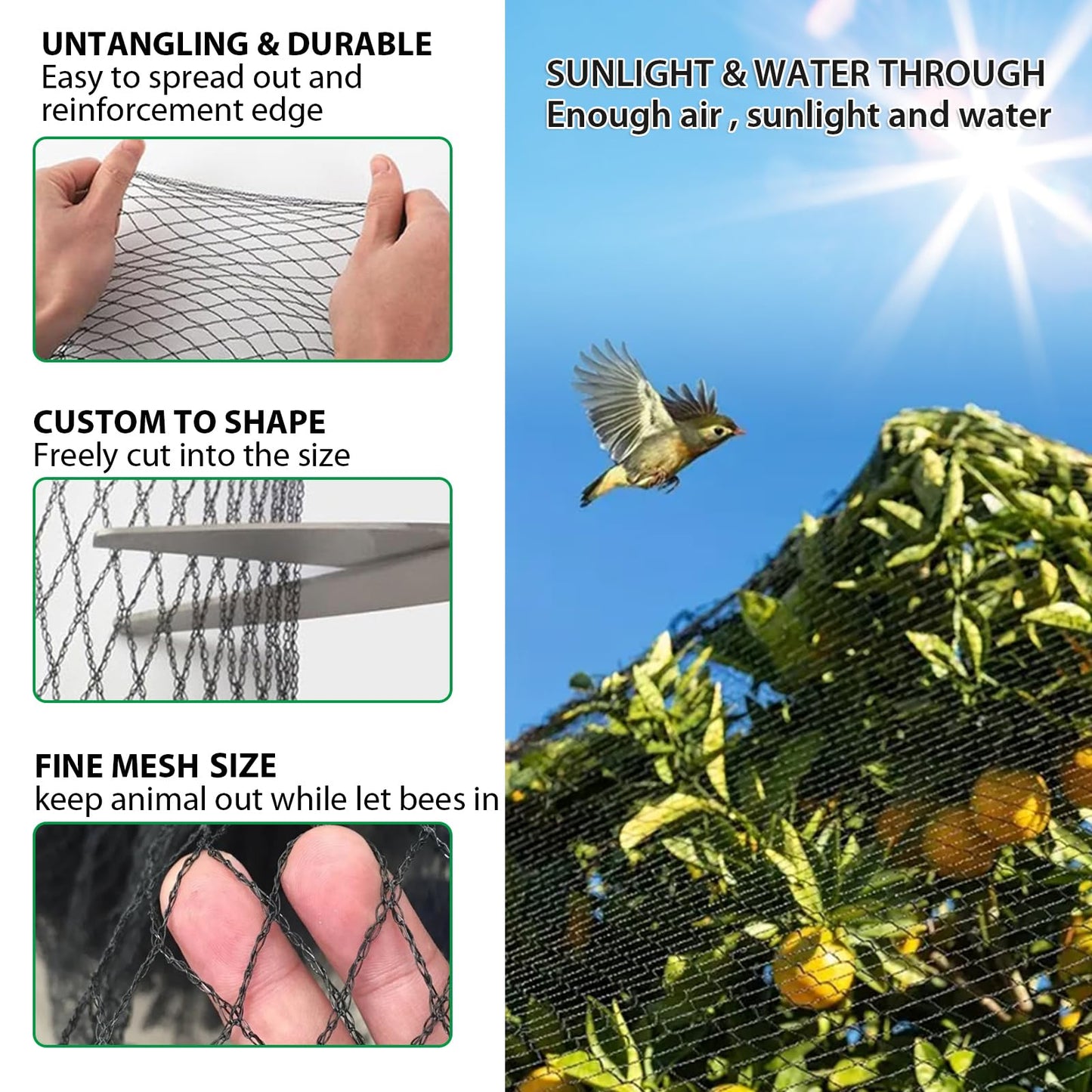 mychoiii Bird Netting for Garden 40 x 40 FT, Heavy Duty 3/8" Woven Mesh Garden Netting with 12 Stakes, HDPE Anti Bird Net for Fruit Trees Vegetables Blueberry Deer Poultry, Black