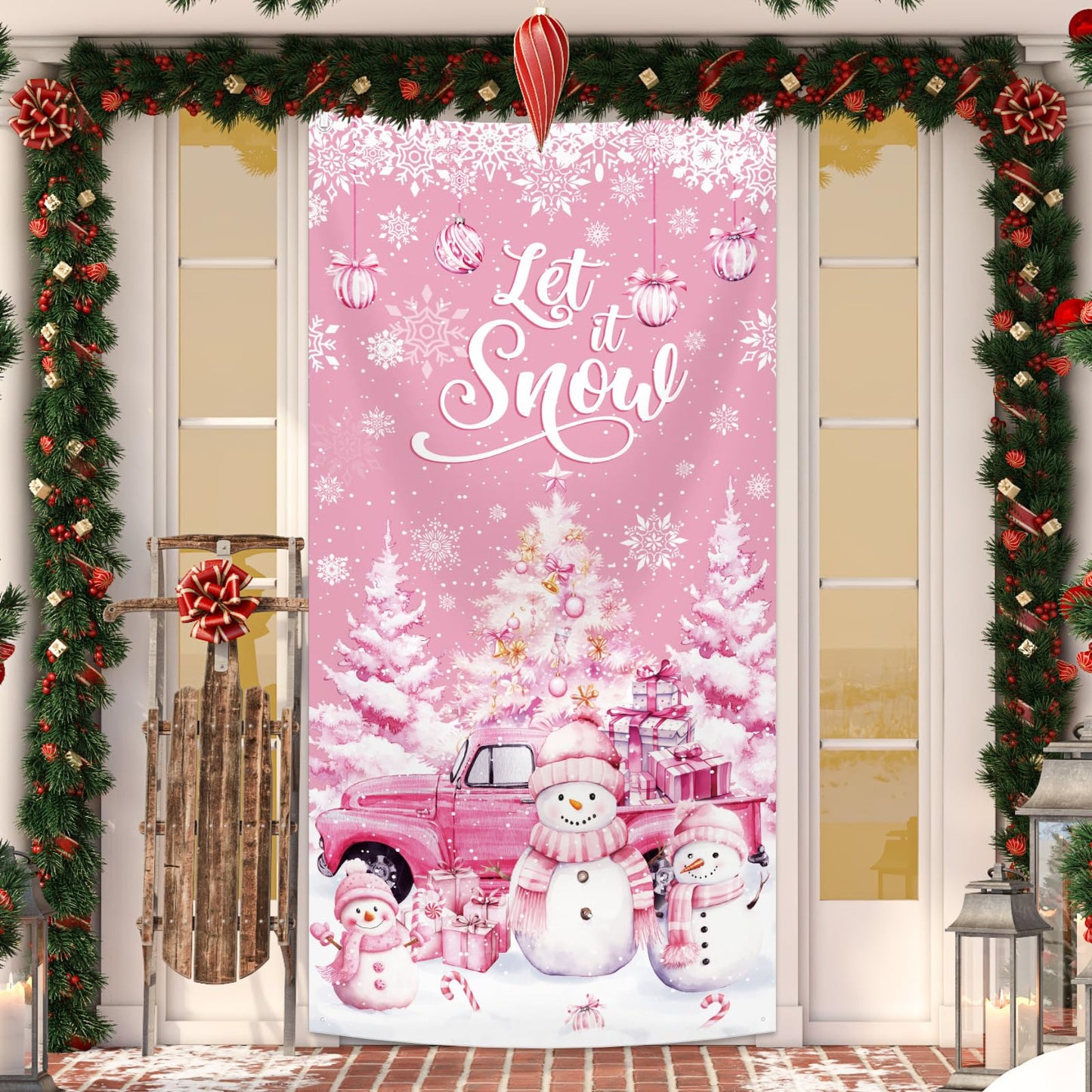 MEHOFOND 35x71inch Let it Snow Christmas Door Cover, Winter Pink Snowman Front Door Decoration, Winter Wonderland Snowman Backdrop Holiday Christmas Birthday Baby Shower Party Decor Photo Booth Props