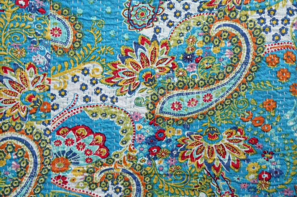 V Vedant Designs Indian Hanmade Twin Cotton Kantha Quilt Tarquiose Paisley Print Bed Cover Bedspread Blanket 90x60 Inch, Tarquiose