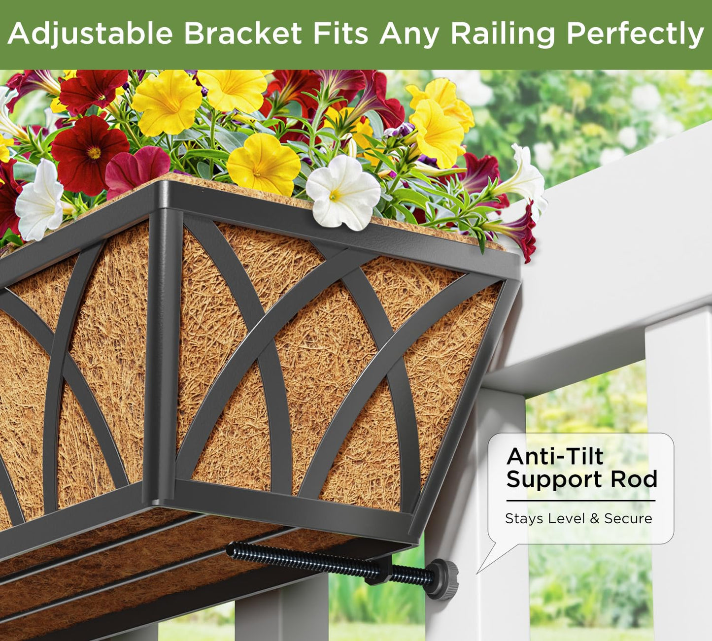 Y&M 4pcs 24 Inch Planter, Metal Window Boxes with Coco Liner, Indoor Outdoor Hanging Flower Planter for Garden, Lawn, Balcony, Porch, Fence, Patio Rail