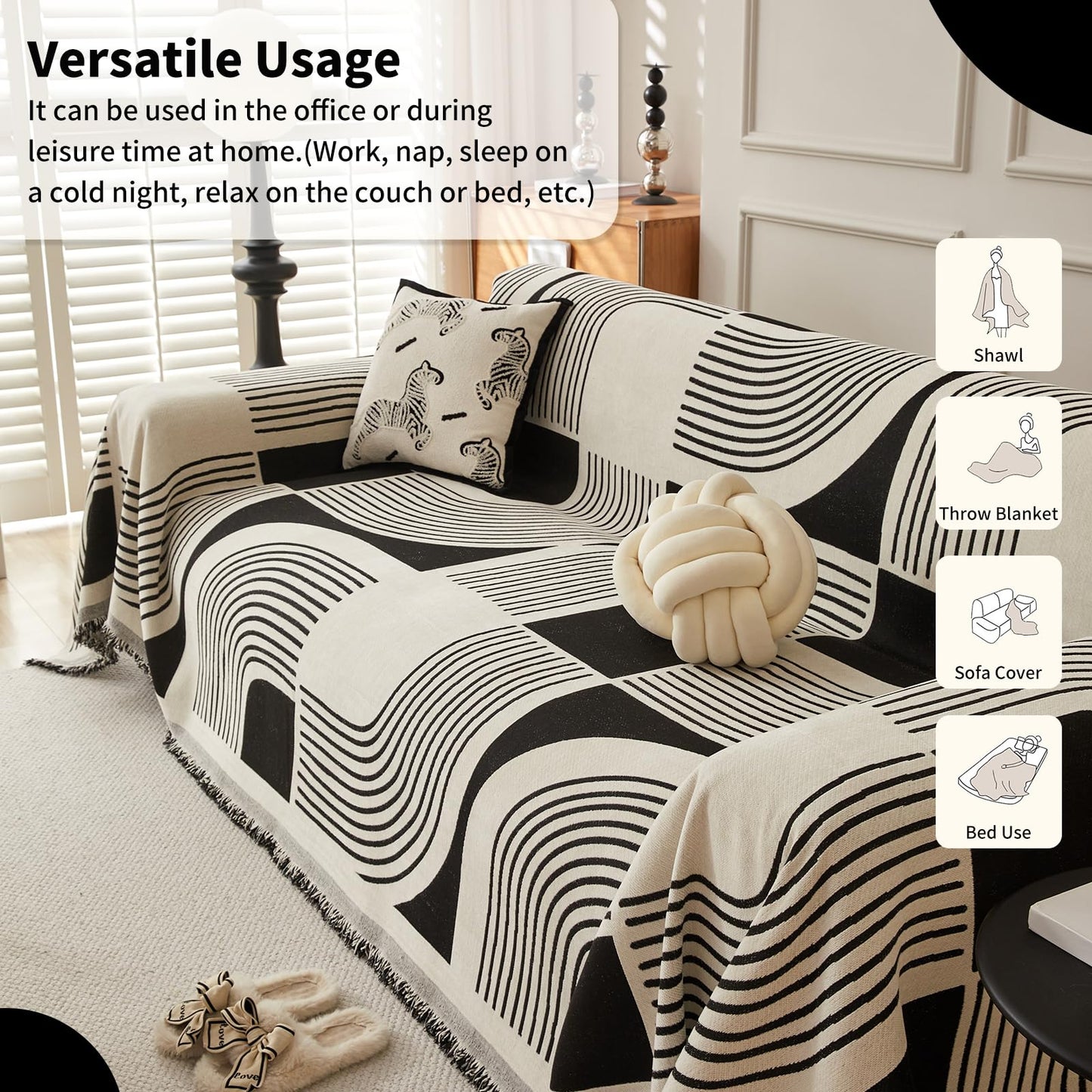 WEYOND Boho Couch Cover Sofa Covers Washable, Chenille Couch Covers for 3 Cushion Couch Sofa Pet Friendly, Bohemian Sofa Slipcovers for Sectional Sofa, Loveseat, 2 3 4 Seater (71" x 150", Black)