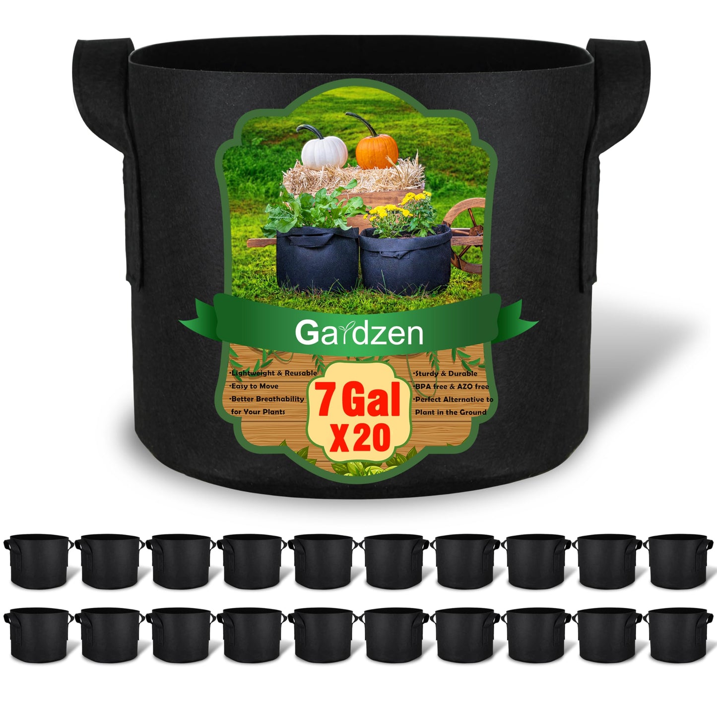 Gardzen 20-Pack 7 Gallon Grow Bags, Aeration Fabric Pots with Handles, Heavy Duty Plant Bags for Plants