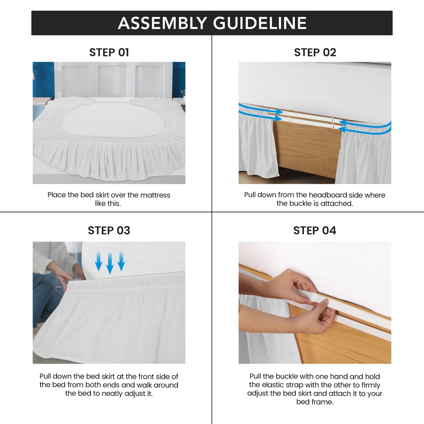 Wrap Around Ruffle Queen Size Bed Skirt – Adjustable Buckle & Elastic Belt for Easy Installation, 16 Inch Drop – Brushed Microfiber - Machine Washable, Fade and Wrinkle Resistant, White