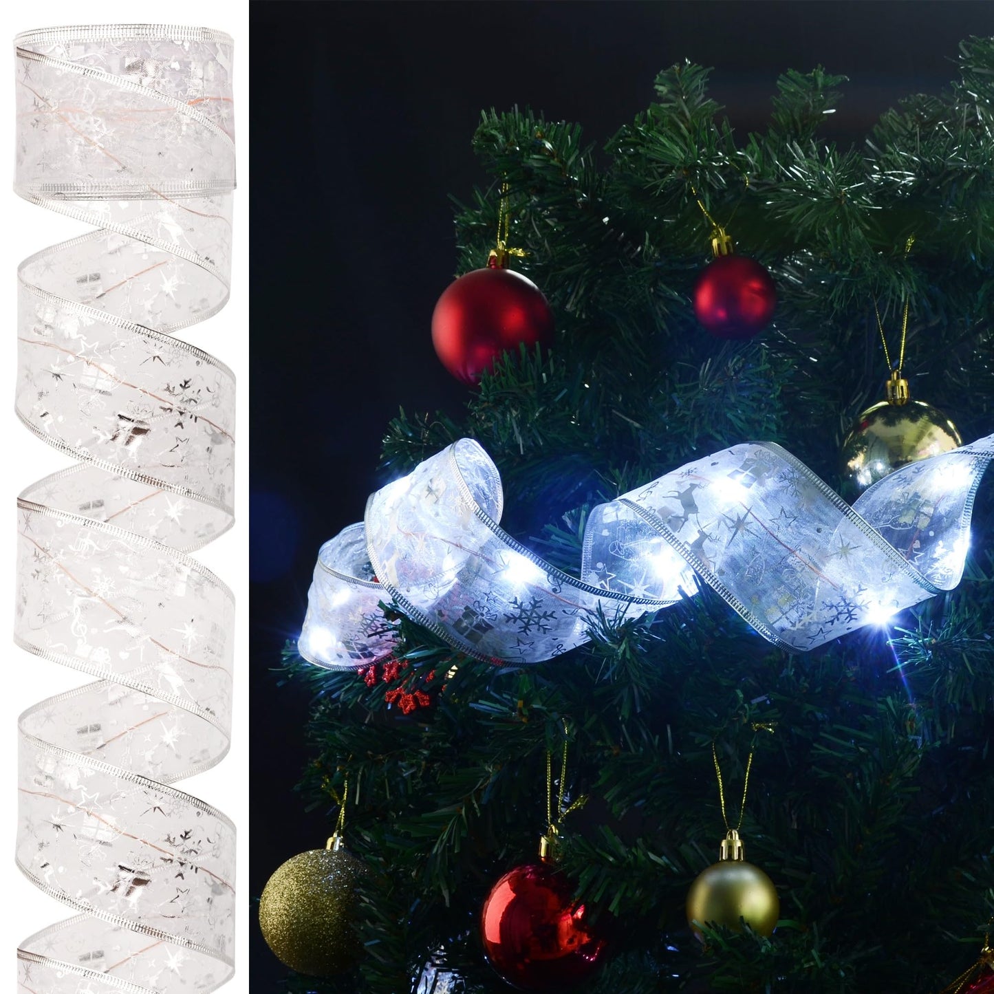 Vimorg Christmas Decorations, 2.5Inch x 33Ft 100 Led Christmas Tree Ribbon Lights with Remote Control, Battery Operated & USB Powered 8 Lighting Modes Fairy String Lights with Timer for Xmas Decor