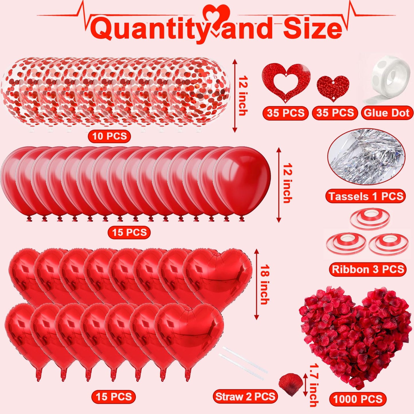 Heart-Shaped Aluminum Foil Balloon,Red Latex balloons,Confetti Balloon,Fake Petals and Hanging Streamer for Valentines Wedding Bridal Shower Anniversary Engagement Party Supplies Decorations