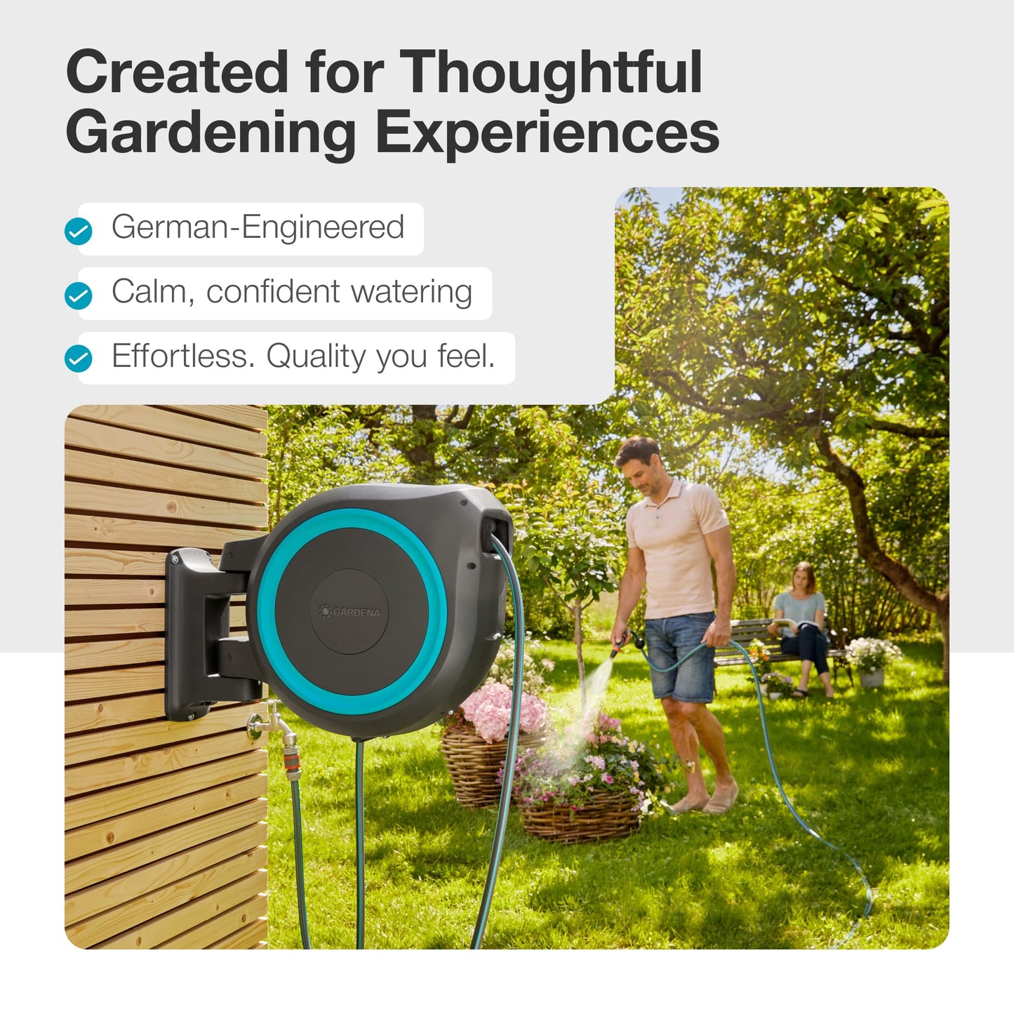 GARDENA (18630) Retractable Garden Hose Reel 115' x 1/2" Wall Mounted, Automatic Retraction & Length Lock for Easy Watering. Heavy Duty Swivel Bracket 180°, Includes Nozzle. Made in Europe