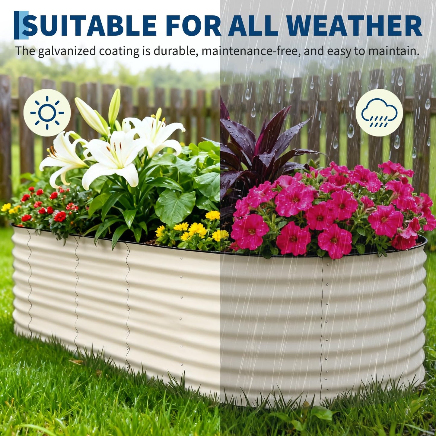 Garvee 2 Pack 10x4x1.5ft Galvanized Raised Garden Bed Kit, Oval Metal Planter Boxes with Anti-Cut Safety Edges, Rust-Resistant Deep Root Planters for Outdoor Vegetables, Flowers, Herbs, Beige