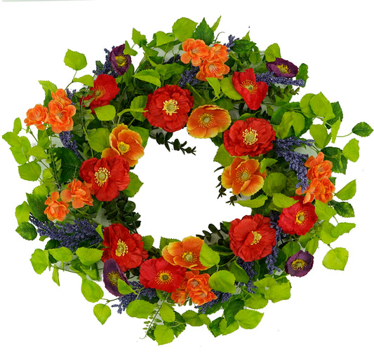 WreathDream 22 inch Artificial Spring Summer Wreaths for Front Door Poppy Wreath with Lavender Ear,Cherry Blossom,for Front Door Indoor Outdoor Home Farmhouse Decor