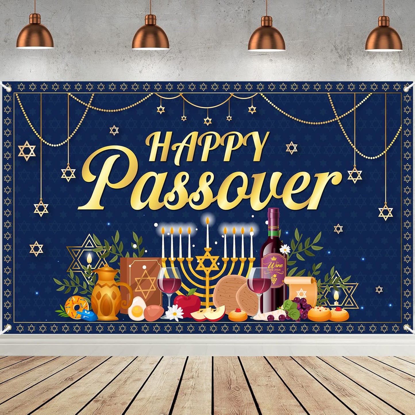 Happy Passover Banner Backdrop - 72'' x 43'' Passover Banner Decoration, Hanging Jewish Pesach Background Decor for Wedding Festive Welcome Banner Passover Party Supplies