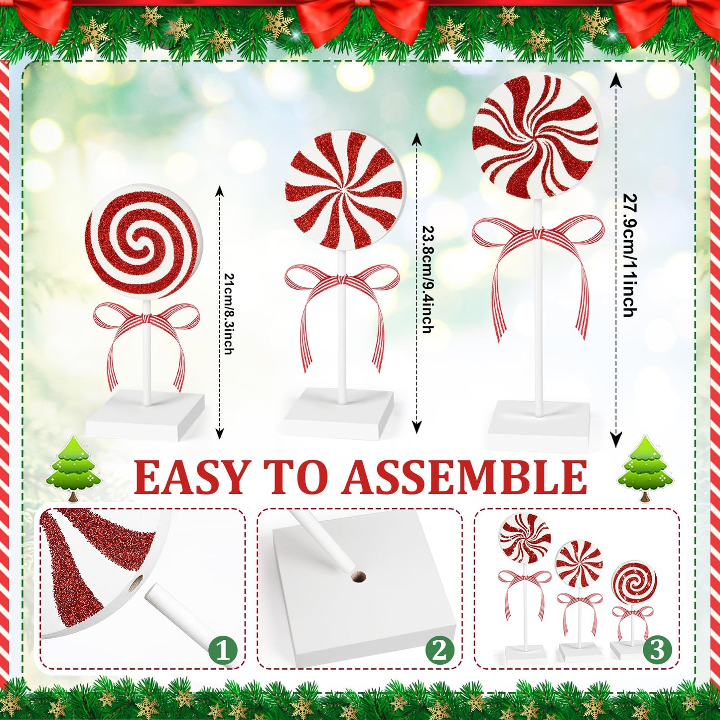 3 Pieces Christmas Table Decorations Wood Candy Set, Red Christmas Tiered Tray Decor,Rustic Candy Table Decorations for Home Tables(Cute)