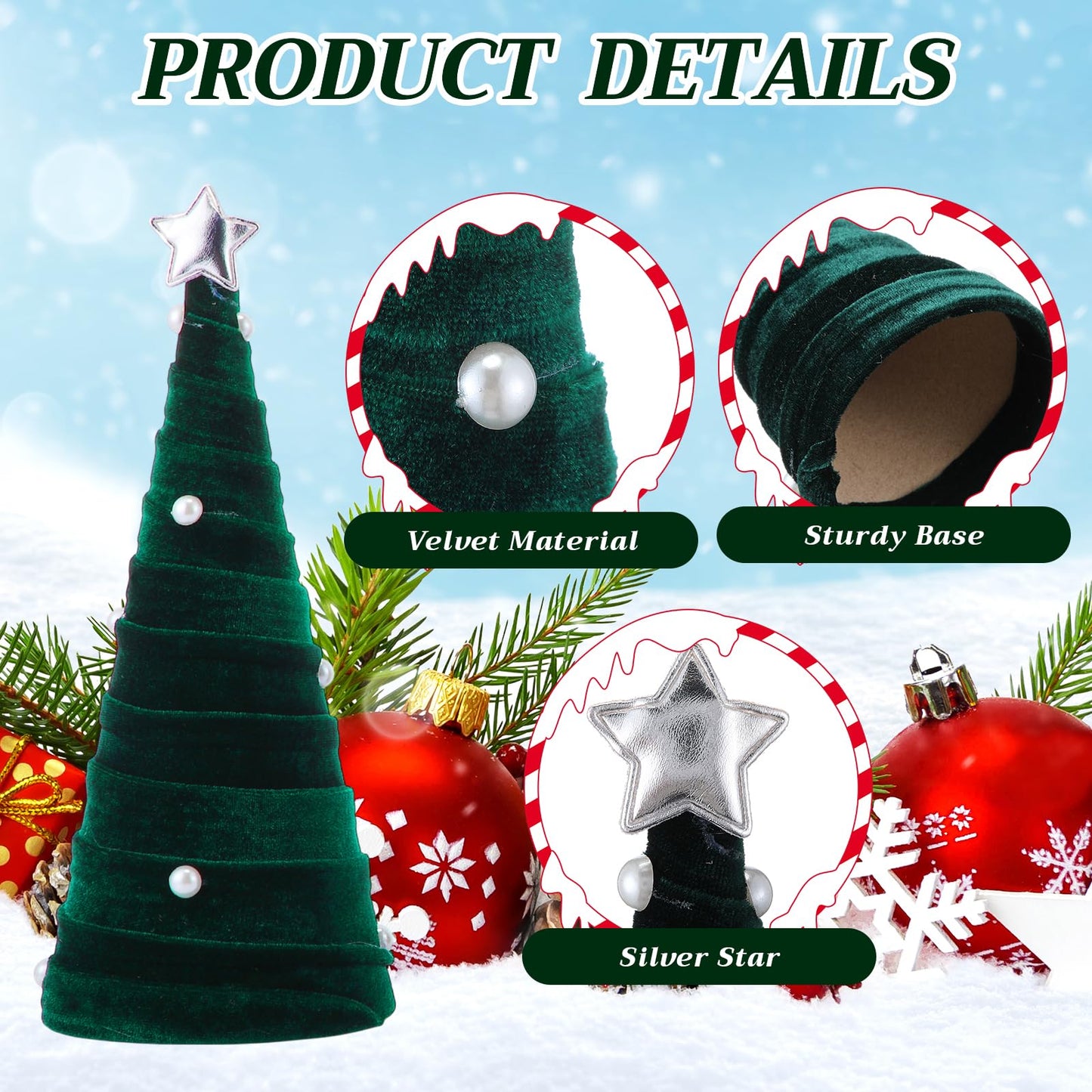 Leitee 3 Pcs Christmas Green Velvet Trees, Cone Table Decorations Modern Christmas Tabletop Centerpieces Trees Winter Decor Tree Tiered Tray with Pearls and Stars for Entryway Mantle Home Farmhouse