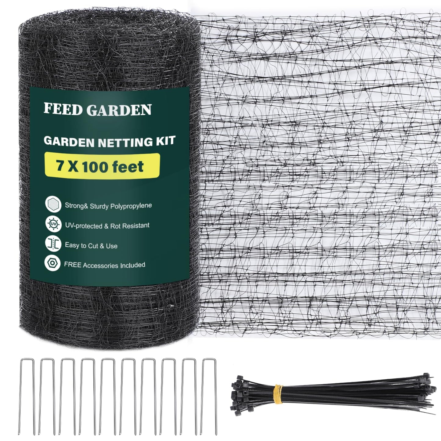 FEED GARDEN Heavy Duty Deer Netting - 7x100ft UV-Protected Garden Fence with 3/4" Fine Mesh - Includes 10 Stakes & 50 Zip Ties for Easy Installation