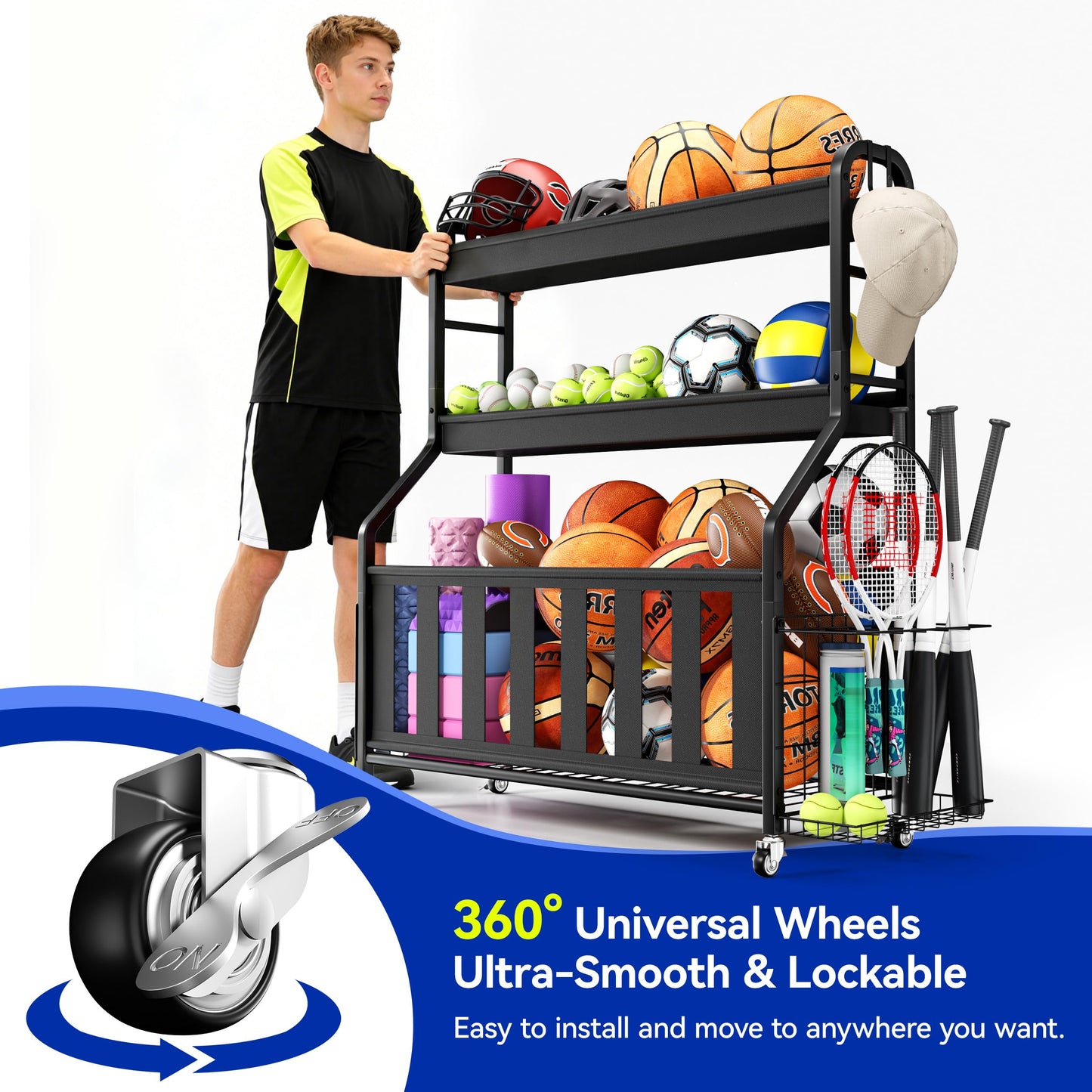 Keepmisc Sports Equipment Organizer, Rolling Ball Storage Cart with Locking Wheels, Hooks & Bat Rack