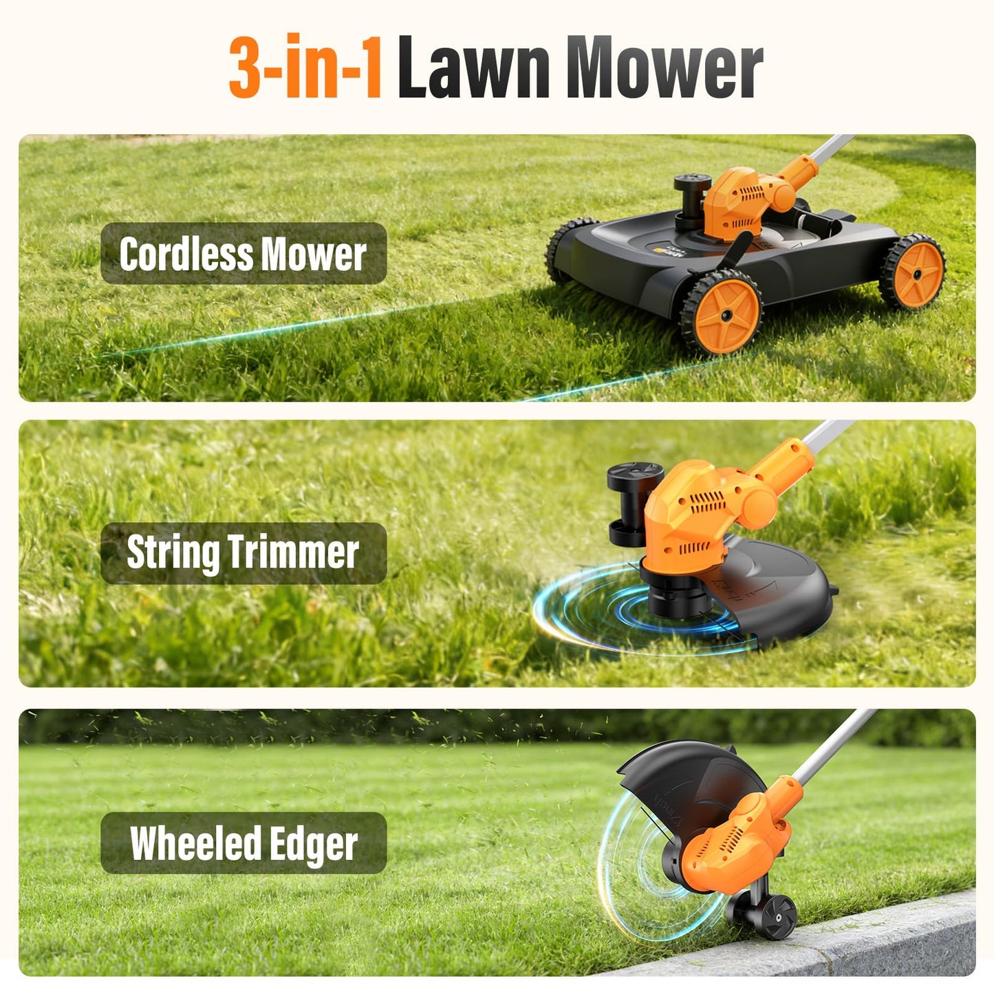 3-in-1 Cordless Lawn Mower, 3000W Brushless String Trimmer & Wheeled Edger Combo Kit, 18.9 Inch, 3 Blades for Lawn Weeds Shrubs, Adjustable Height & Angle Electric Weed Wacker Garden Tools
