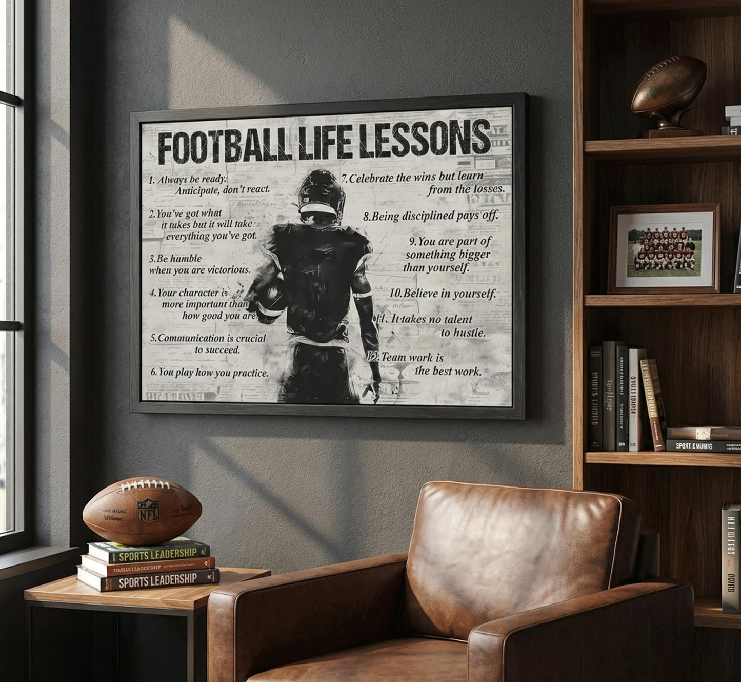 Framed Fotball Sports Canvas Wall Art Football Life Lessons Wall Decor Picture Inspirational Quotes Motivational Boy Poster Print Painting for Gym Bedroom Living Room Decoration Prepare To Hang