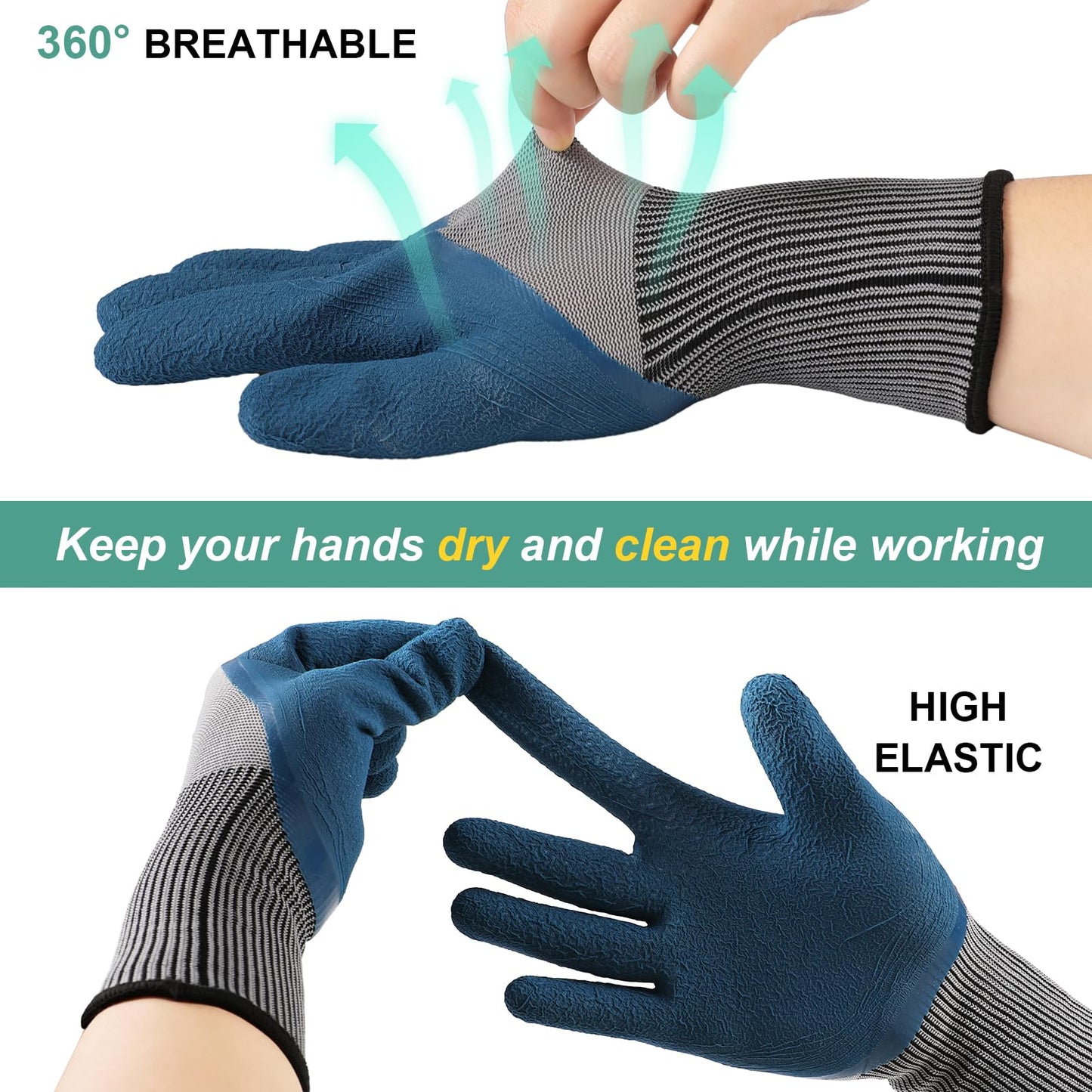 Trifabricy Garden Gloves for Women Men - 6 Pairs Breathable Hard-wearing Latex Coated Gardening Gloves for Women, Indoor/Outdoor Protective Working Gloves with Grip, Blue & Grey