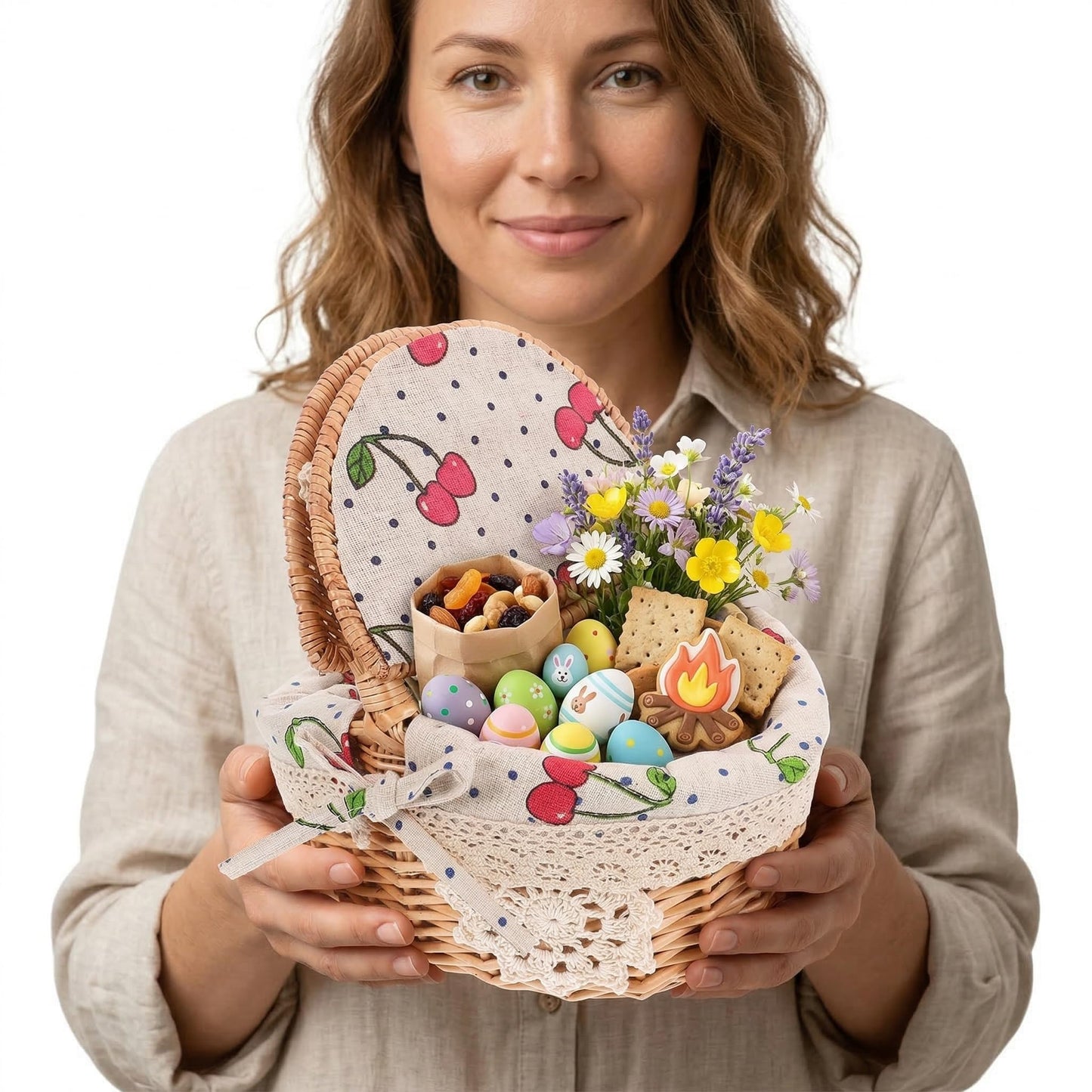 Wicker Picnic Basket with Handle and Lid: Small Handheld Rattan Woven Easter Eggs Collecting Storage Basket for Eggs Fruit Vegetable Picnic Camping and Kitchen Decor 10.23 X 9.44 X 7.28 Inches