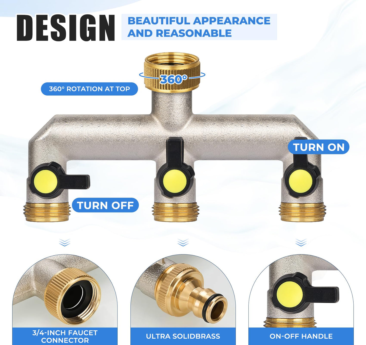 Anstore Garden Hose Splitter, 3/4" Water Hose Splitter 3 Way Heavy Duty with 3 Black Handle, Brass Nickel Plated Outdoor Faucet Splitter Water Spigot Splitter Manifold Rust and Freeze Resistant