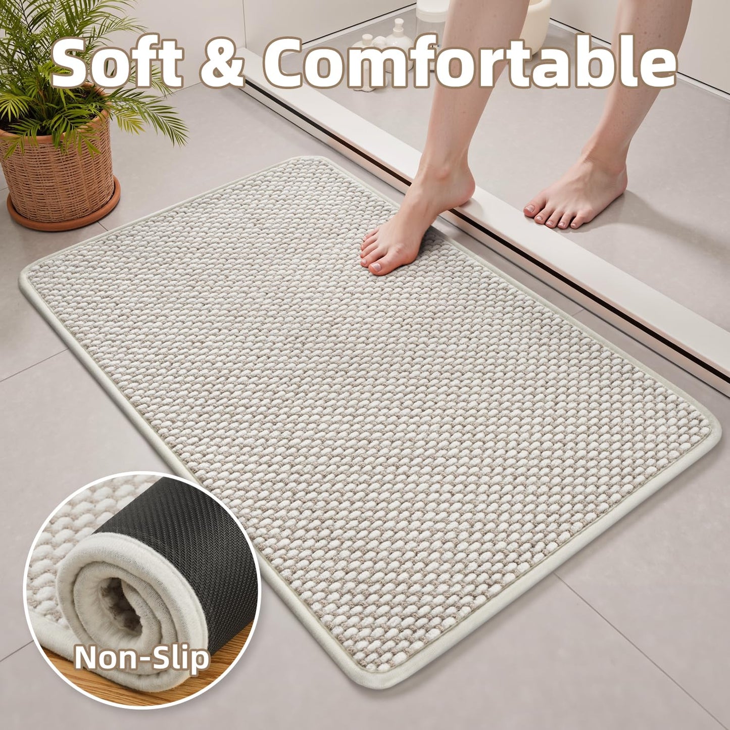 PADOOR-Bath Mat-Super Absorbent Chenille Bathroom Mats-Rubber Backed Bath Mats for Bathroom Non Slip, Easy Clean Bathroom Rugs Front of Bathtub,Shower Room,Sink-17×28, Beige&Cream