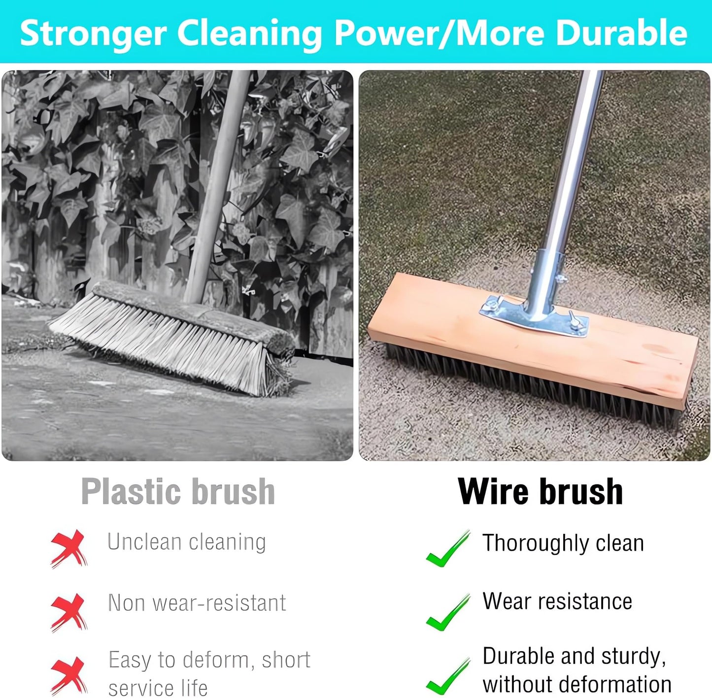 Concrete Scrub Brush - Concrete Brush Wire Broom with 62" Long Handle - Deck Brushes for Scrubbing Heavy Duty Stiff Metal Bristle Floor Scrubber Brushes for Cleaning Moss Grout Garage Patio