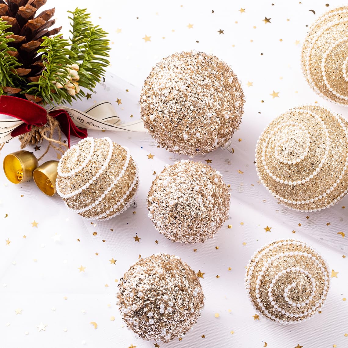 Champagne Gold Christmas Ball Ornaments, Christmas Ball Decorations Shatterproof Plastic Hanging Pearl Balls for Holiday Party(70mm/2.76", 12ct)