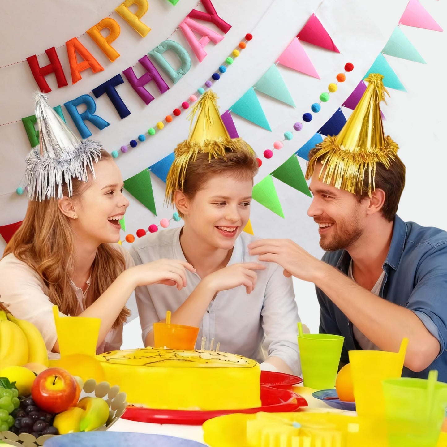 6.3 Inch Large Felt Happy Birthday Banner - Pre-Strung Rainbow Fabric Garland, Reusable Happy Birthday Sign for All Ages Party Decorations (Rainbow)