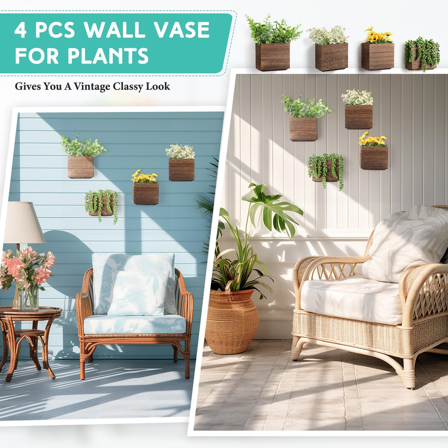 Qinyoung 4 Pack Wood Wall Planters Natural Hanging Plant Pots 5.5 x 5 Inches Natural Farmhouse Wall Hanging Decor Vase for Indoor Dried Flowers and Faux Greenery