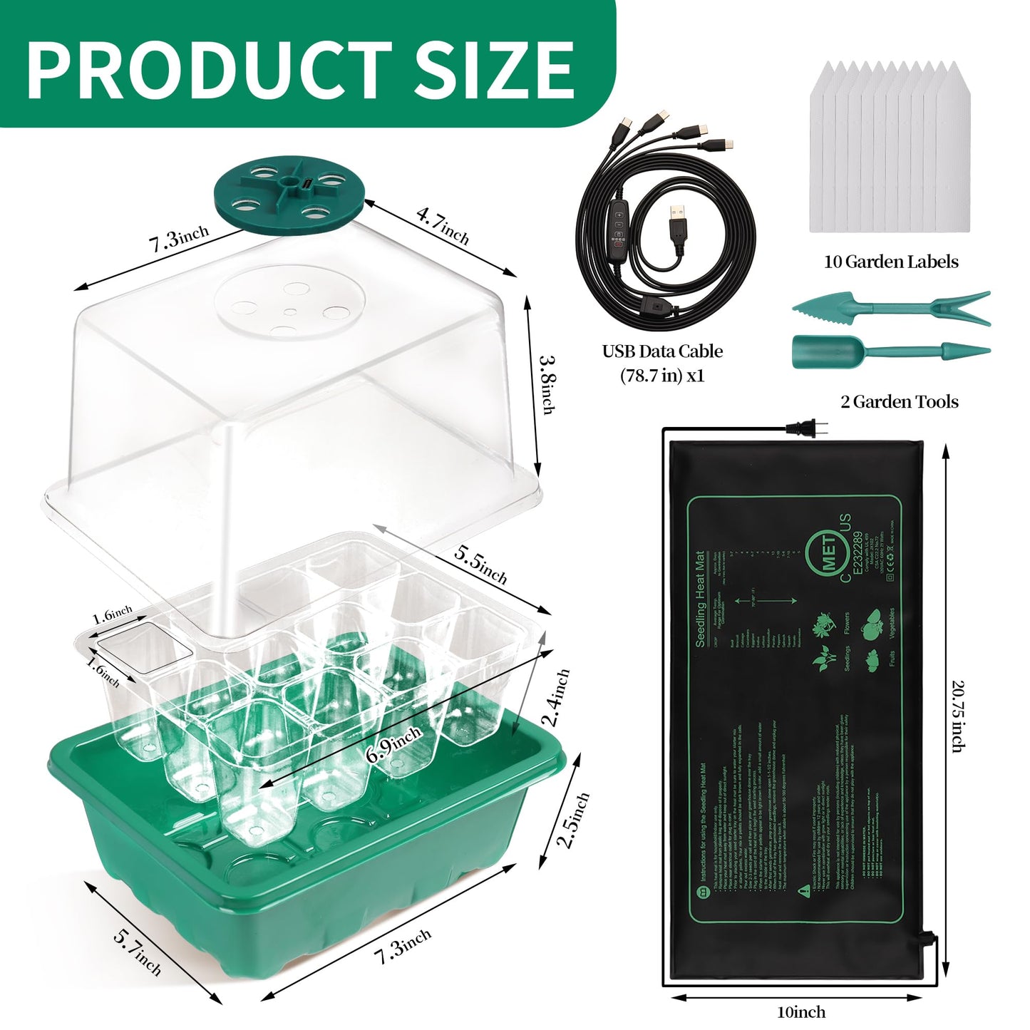 Homiton 4-Pack Seed Starter Tray with Grow Light and Heat Mat, 48 Cells Seed Starter Kit with Adjustable Humidity Dome and Base, Germination Kit for Seed Growing Plant Propagation