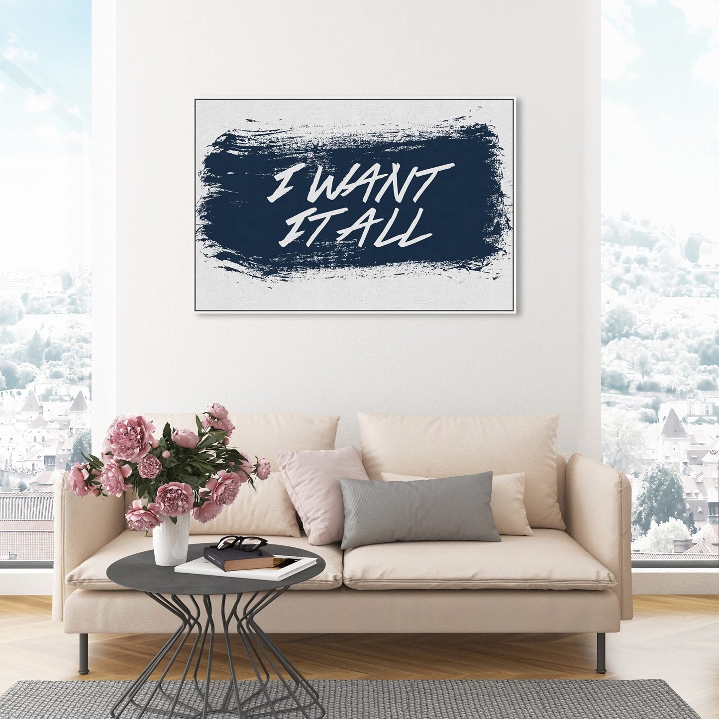 The Oliver Gal Artist Co. Typography and Quotes Wall Art Framed Canvas Prints 'I Want It All Navy' Motivational Quotes and Sayings