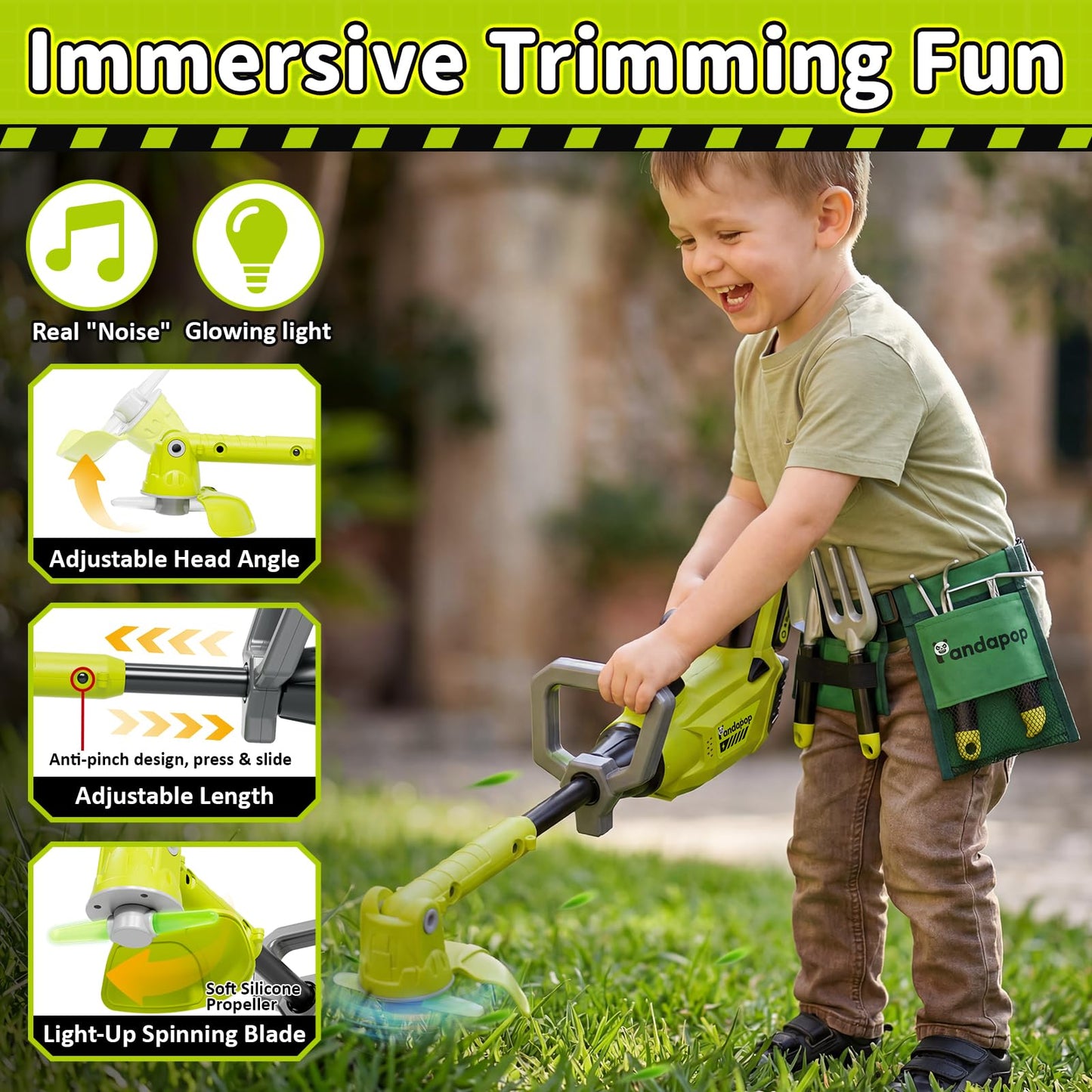 Pandapop Kids Gardening Tools Set, 2 In 1 Kids Leaf Blower & Toy Lawn Mower with Sounds & Lights, Kids Tool Set with Belt & Gloves, Outdoor Play Toy Tools, Christmas Birthday Gifts for Boys 3 4 5 6 7+