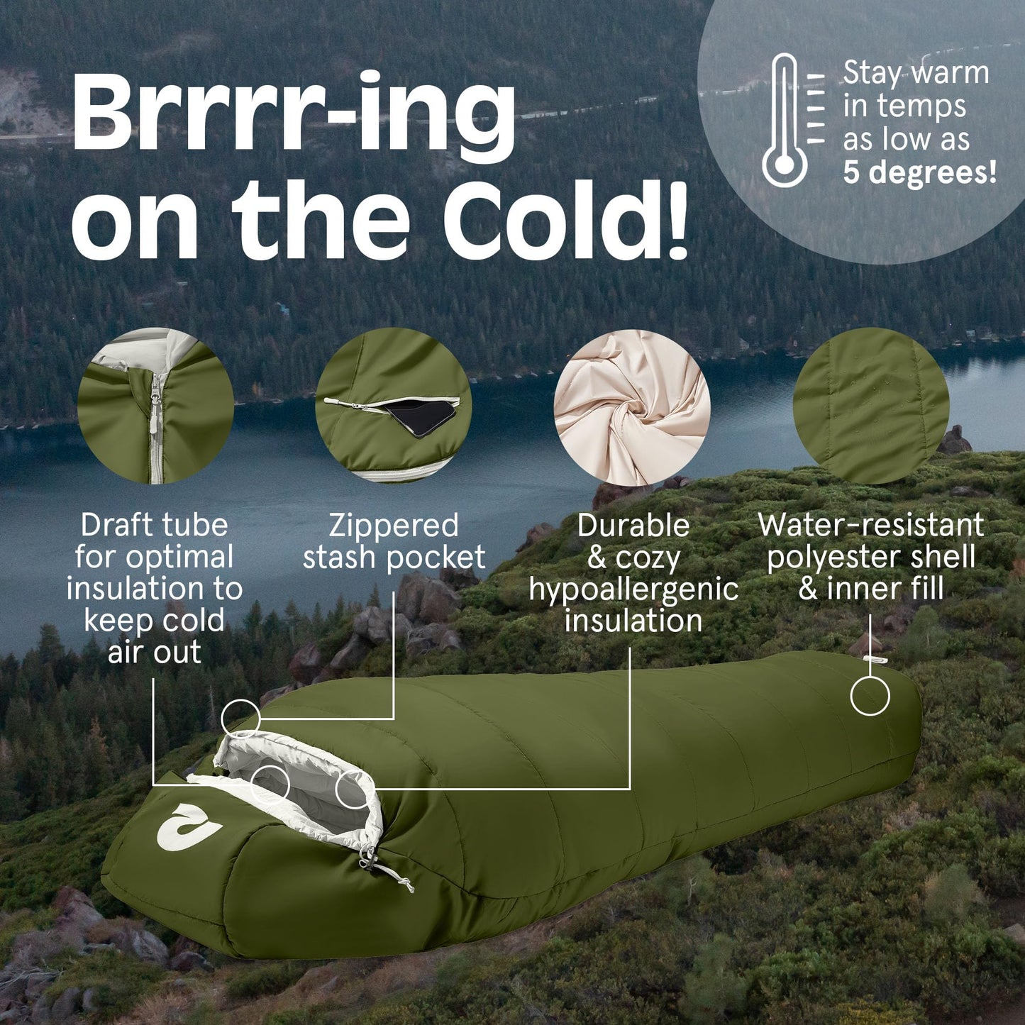 Retrospec Dream 5 Mummy Sleeping Bag - Insulated Cold Weather, Water-Resistant, Adjustable Draw Cords Adult Sleeping Bag