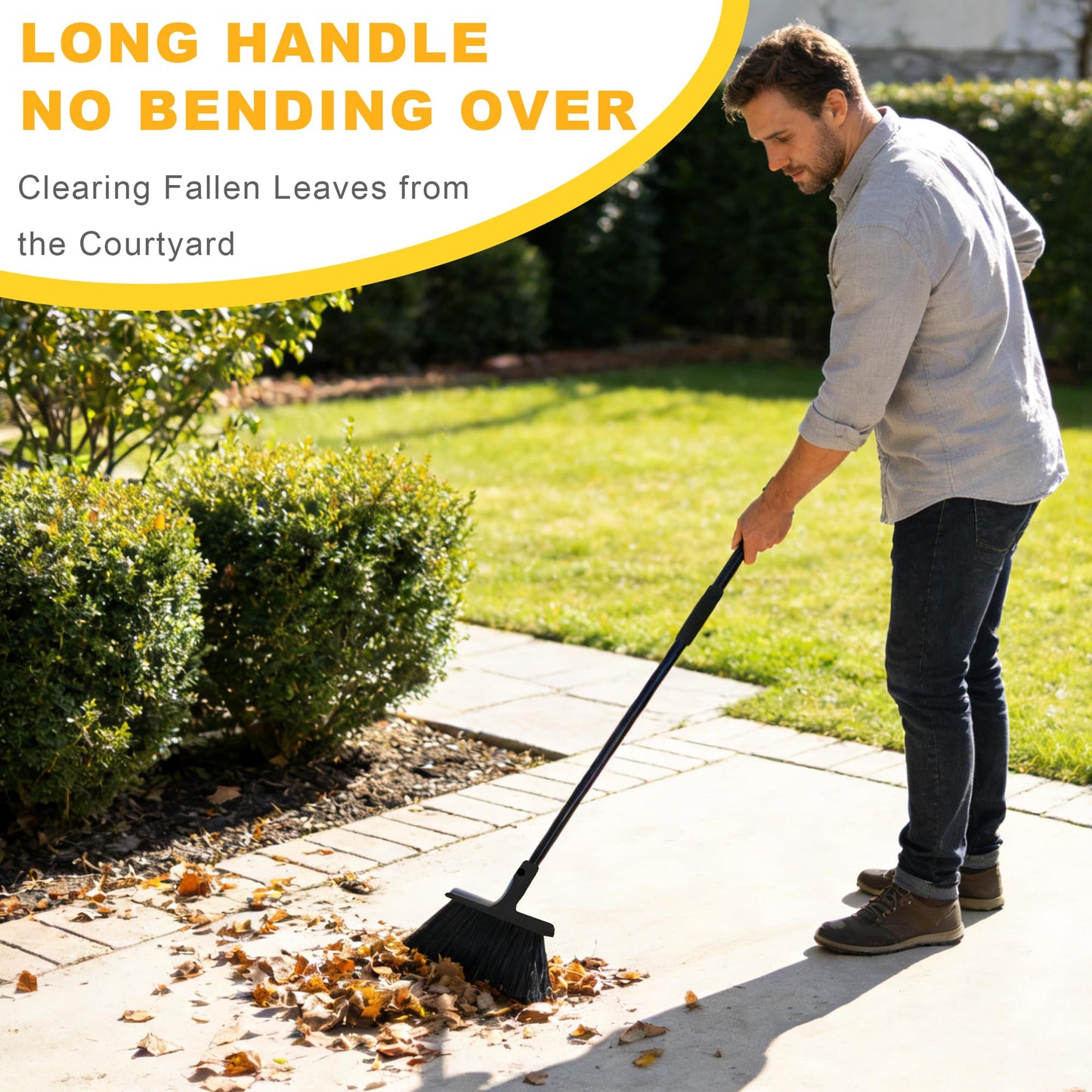 BSMstone Large Angle Brooms Indoor Outdoor Broom with Long Handle Stiff Bristle Sweeper for Kitchen Garage Deck Courtyard Lobby Patio Lawn Leaves (Black)