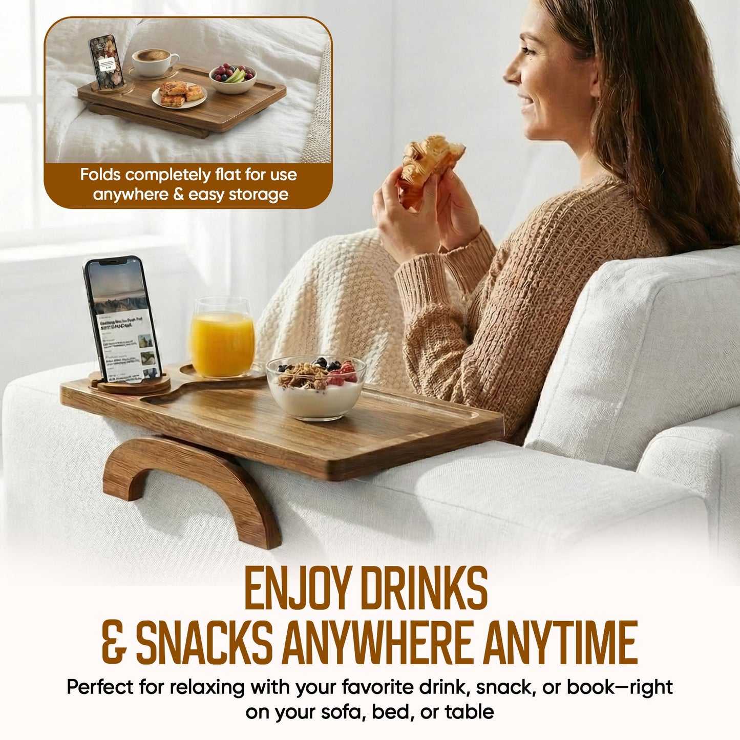 Motovatec Acacia Wood Sofa Arm Tray - 3-in-1 Couch Arm Table with Phone Holder, Cup Placer & Foldable Tray - Armrest Clip-On Design for Couch with 360° Rotated Phone Holder