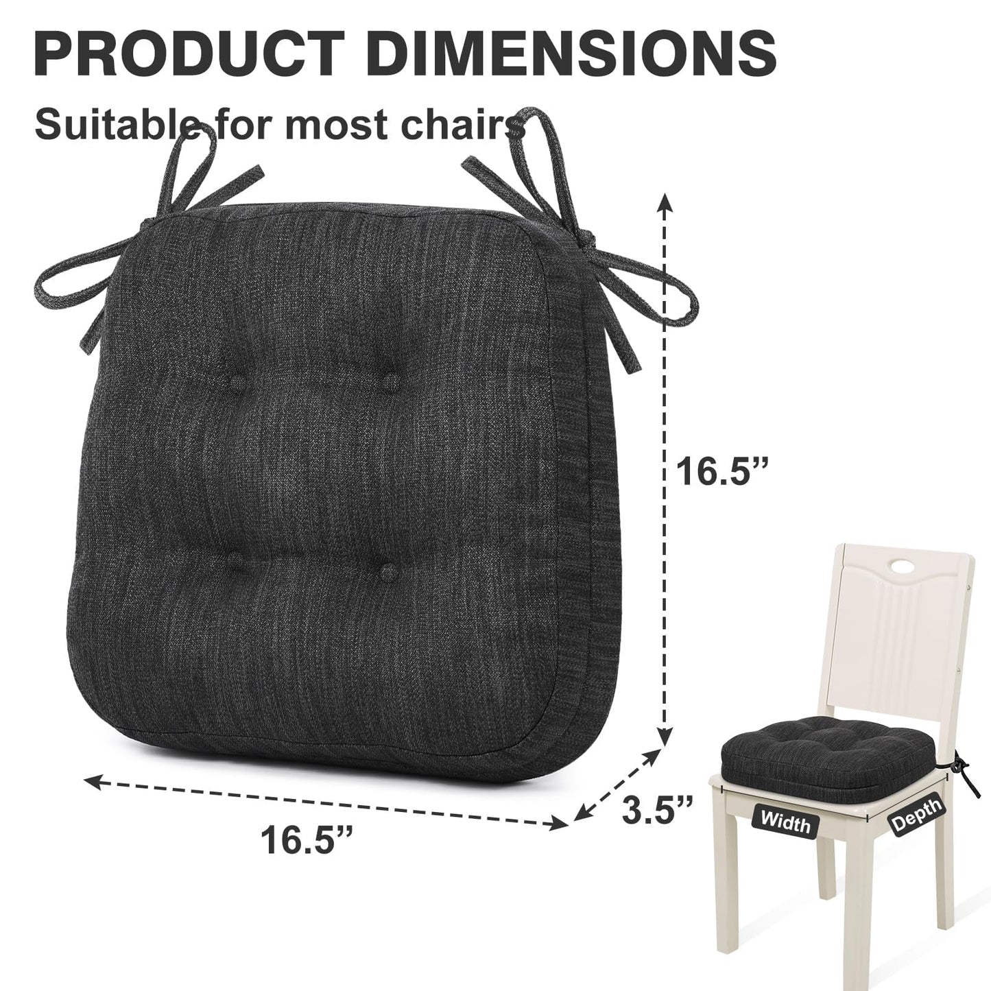 Shinnwa Dining Chair Cushions Set of 2, Dual-Layer Memory Foam Kitchen Chair Cushions, Patented Design Seat Pads with Ties, 16.5 x 16.5 x 3.5in, 2 Pack, Charcoal