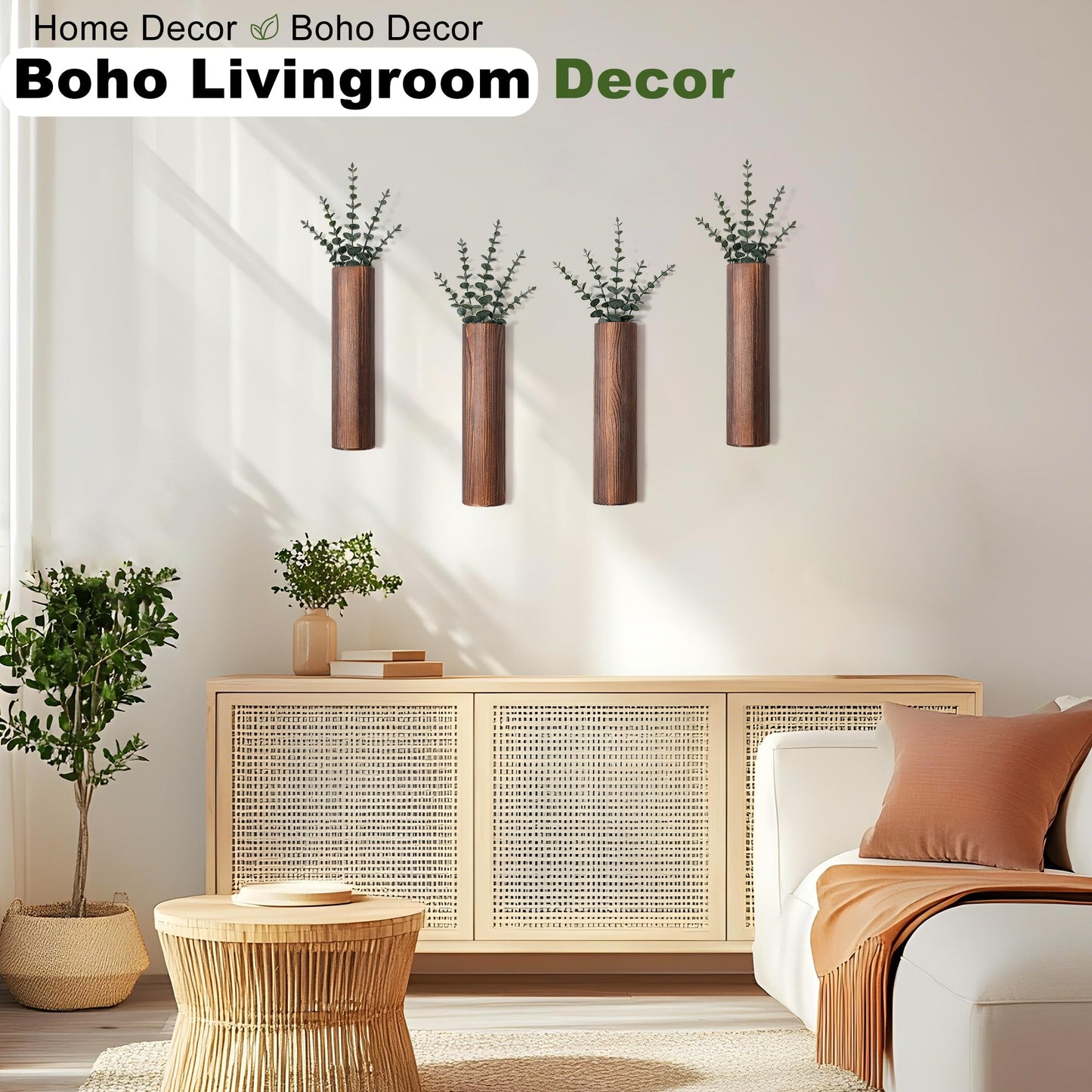 Fttoyoly Wood Wall Planter with 20 pcs Artificial Eucalyptus, Modern Decor for Living Room Bedroom Bathroom Entryway, Farmhouse Boho Wall Vases for Dried Flowers and Faux Plants - 4 Pack