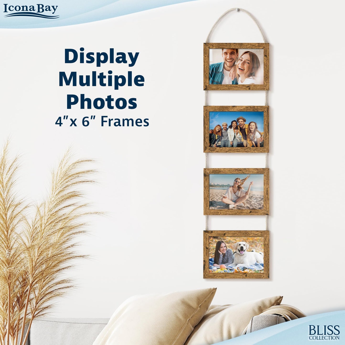 Icona Bay - 4x6 Wall Hanging Picture Frames Collage with 4 Openings - Rustic Brown - Casual Style Engineered Wood Frames - Wall Mount Only - Bliss Collection