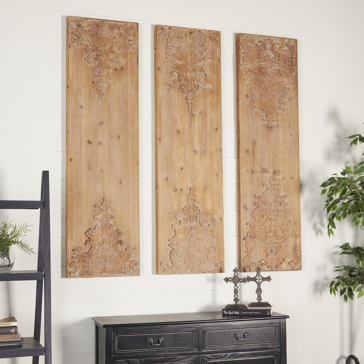 Deco 79 Wood Floral Home Wall Decor Carved Antefix Wall Sculpture, Set of 3 Wall Art 16"W, 55"H, Brown