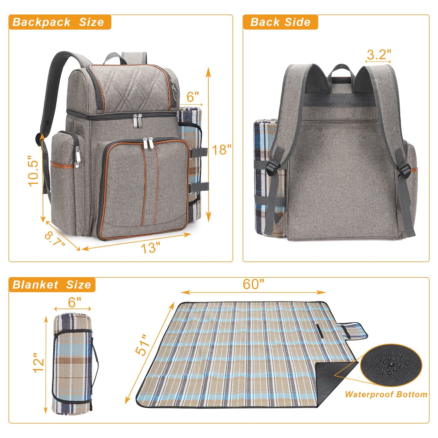 Picnic Backpack for 4, Picnic Basket Set, Leakproof Picnic Bag, Beach Cooler Backpack with Insulated Cooler Wine Pouch,Picnic Blanket, Double Deck Picnic Backpack for Beach,Camping,Park(BrushedKhaki)