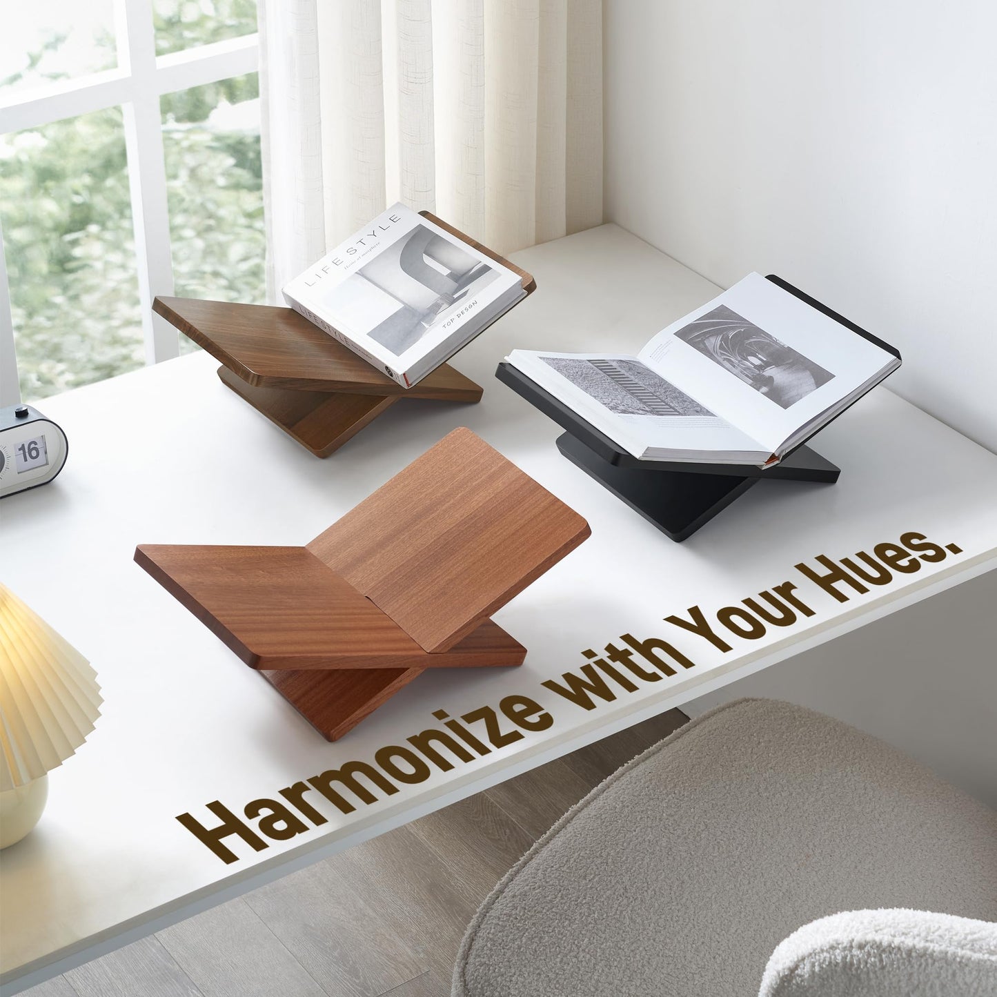 DECORANY Solid Wooden Book Stand for Desktop Display & Reading –15.7" x 9.4" x 5.7” Extra Large Wood Open Book Holder for Cookbook, Bible, Recipe, Textbook, Magazine (African Sapele)