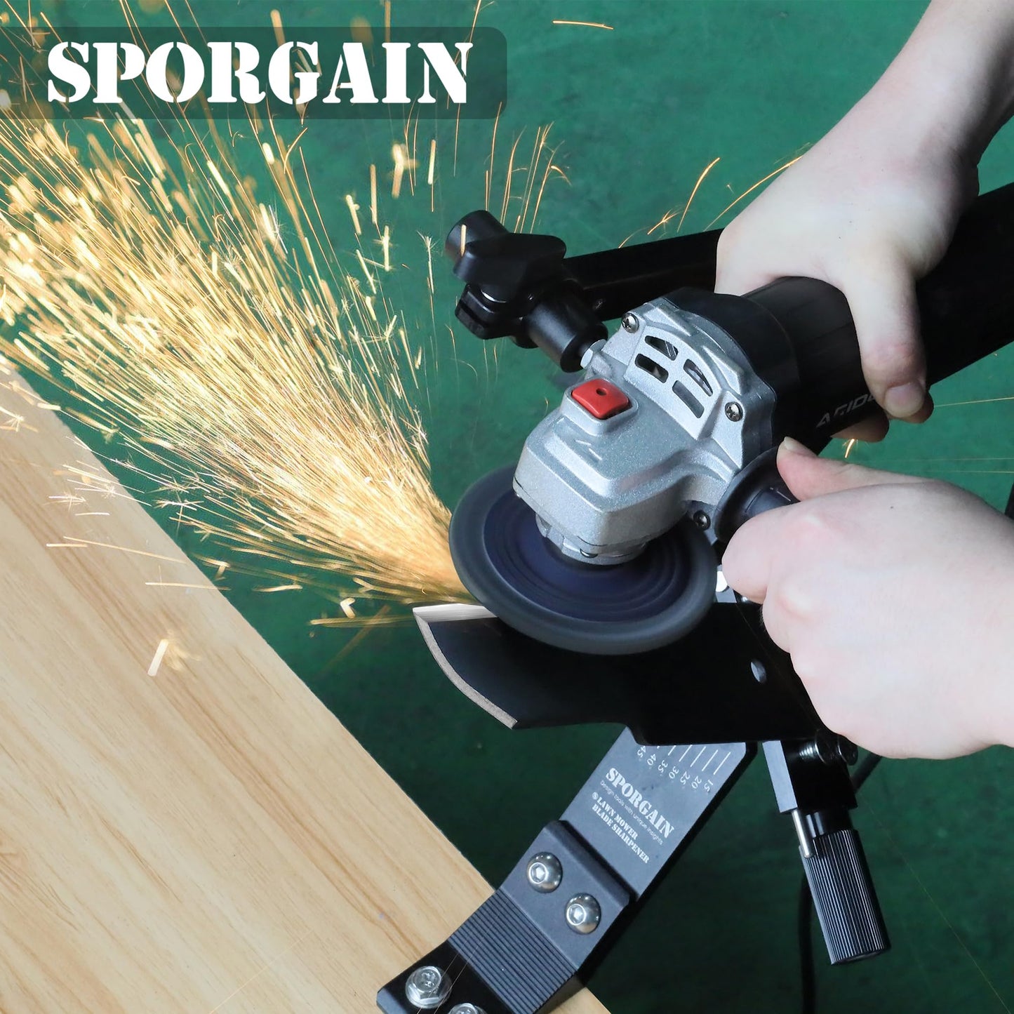 SporGain [Updated] Lawn Mower Blade Sharpener 15°-45° Adjustable Frame with Ball Bearing Manufacture Handle for Right & Left Hand Blades, Use with Angle Grinder, Black