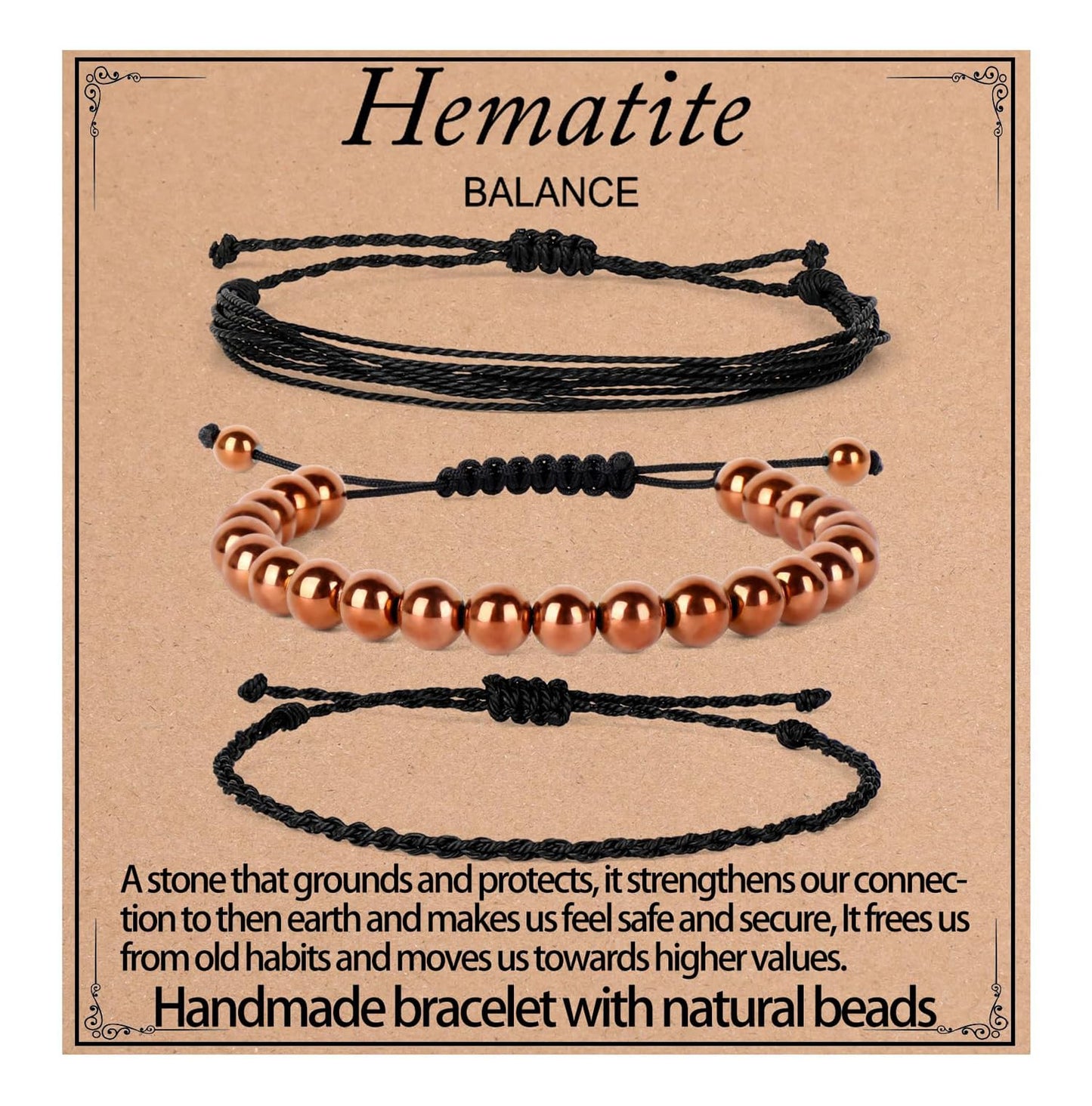QOGIR Handmade Healing Bracelet,8mm Natural Copper Hematite Gem Stone Beads Bracelet for Men Women Gifts with 2PCS Size Adjustable Rope Bracelets