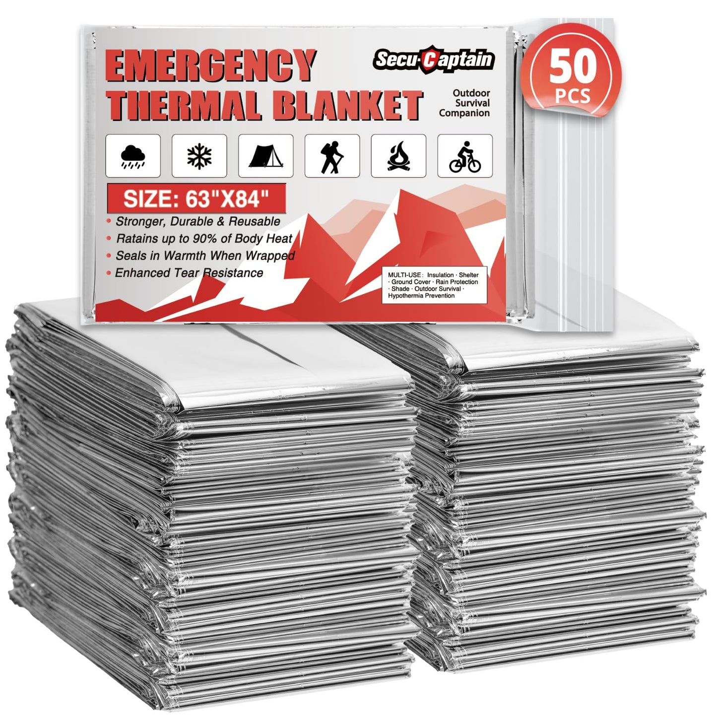 SecuCaptain Survival Emergency Thermal Blankets: 50 Pack Extra Large 84” x63” Space Mylar Blanket Kit for Outdoor Cold Winter Camping Hiking Car Bug Out Bag or First Aid