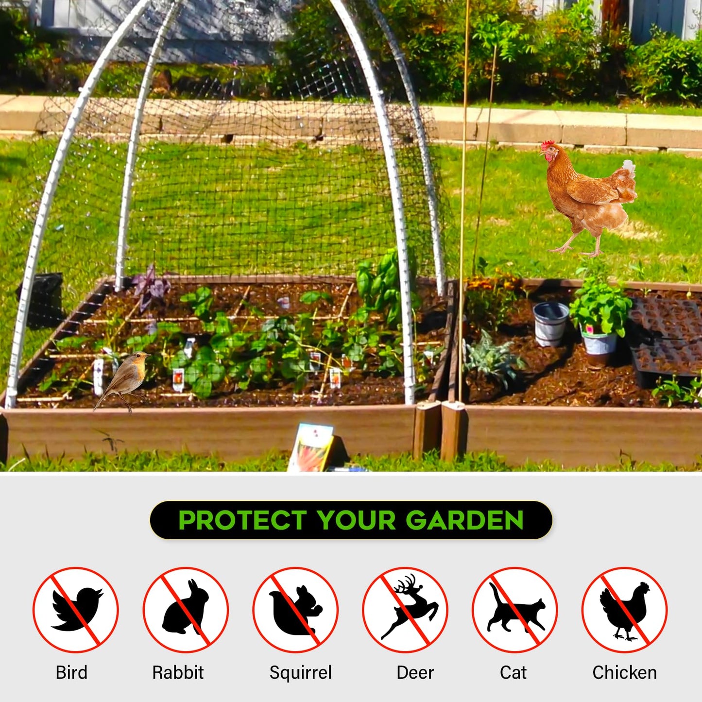 FEED GARDEN Heavy Duty Deer Netting - 7x100ft UV-Protected Garden Fence with 3/4" Fine Mesh - Includes 10 Stakes & 50 Zip Ties for Easy Installation