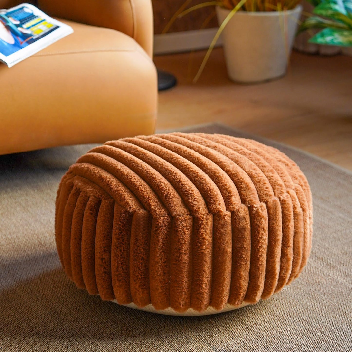 Artbloss Unstuffed Pouf Ottoman Soft Bean Bag Storage Farmhouse Pouf Cover 20x20x8 Inches Decorative Floor Footrest for Living Room Bedroom Outdoor (Caramel, Round)