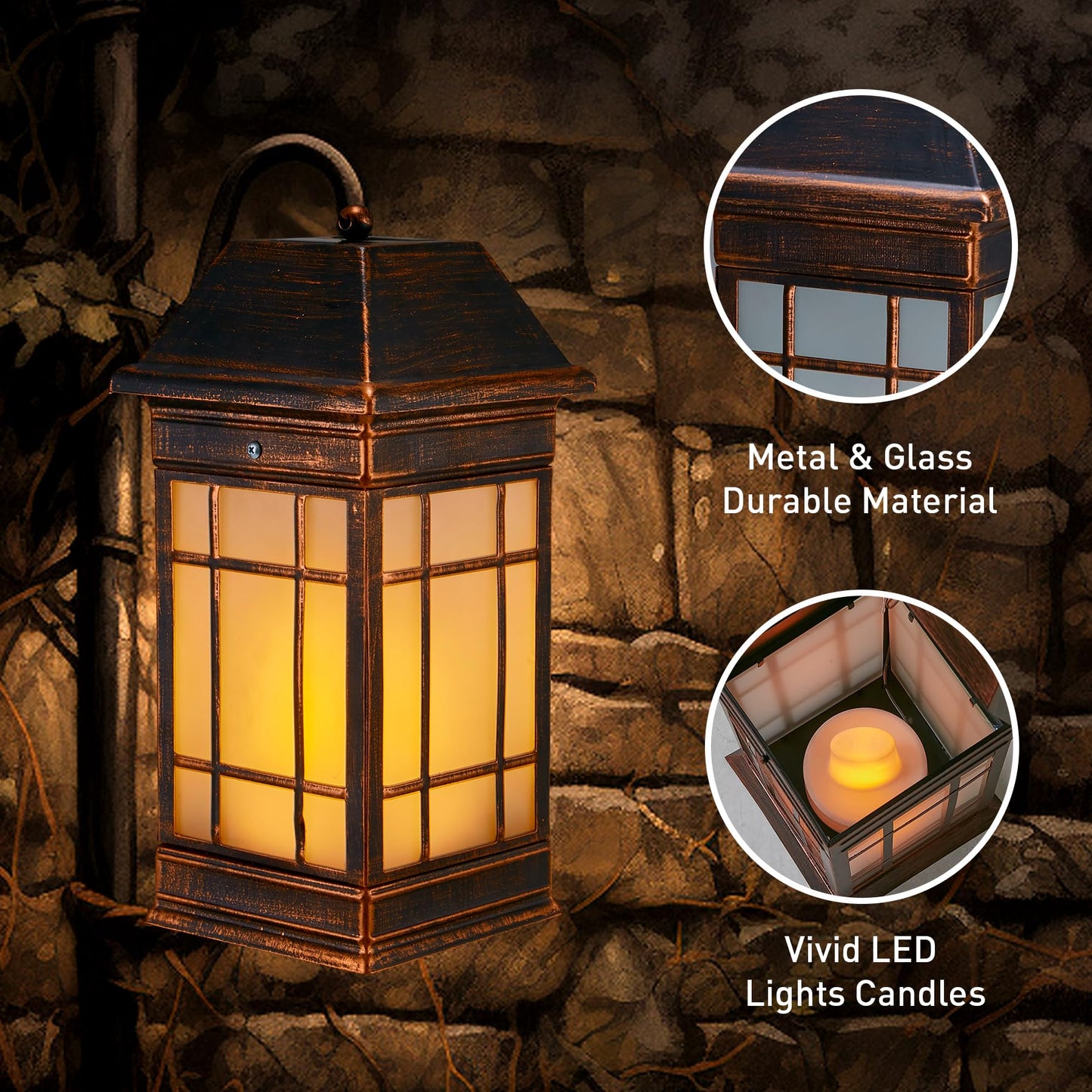 anyperfect 15.5" Solar Lantern Outdoor Waterproof, Glass Flickering Flame Solar Lanterns, Hanging Metal Lantern Decorative for Patio Front Porch Garden Backyard Tabletop Party Decoration